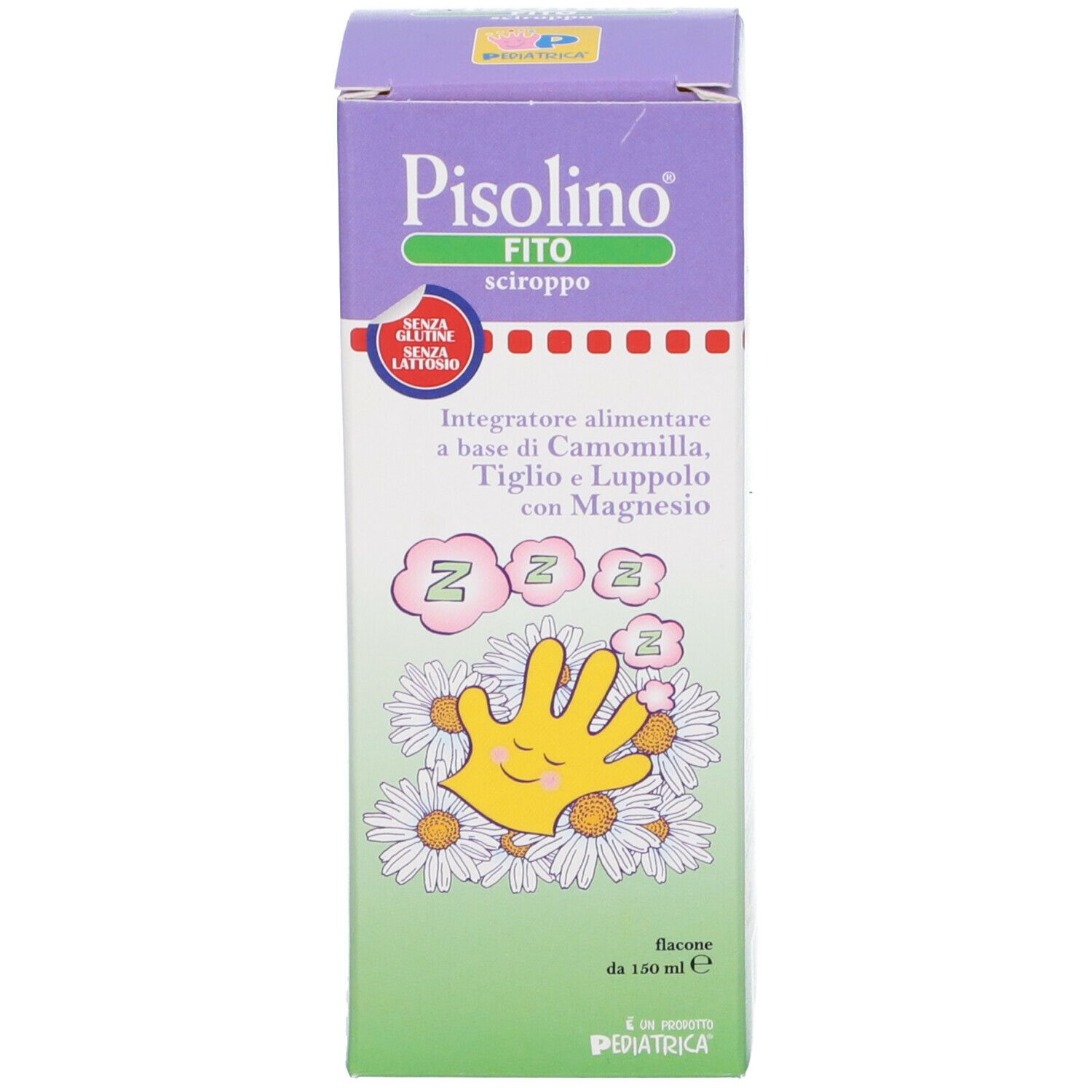 Scatola di sciroppo Pisolino Fito. Design verde e bianco, nome del prodotto e ingredienti. Illustrazione di una mano con margherite.