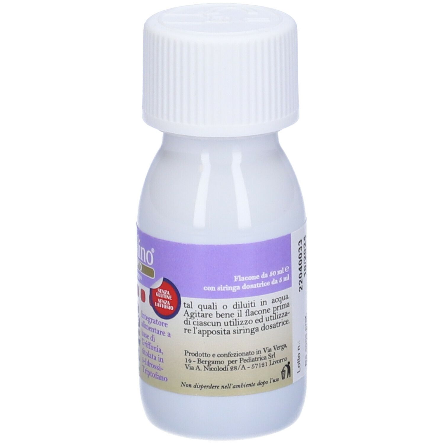Kleine, weiße Flasche mit Schraubverschluss. Etikett mit Produktinformationen. Aufschrift: Flasche, Dosierspritze.