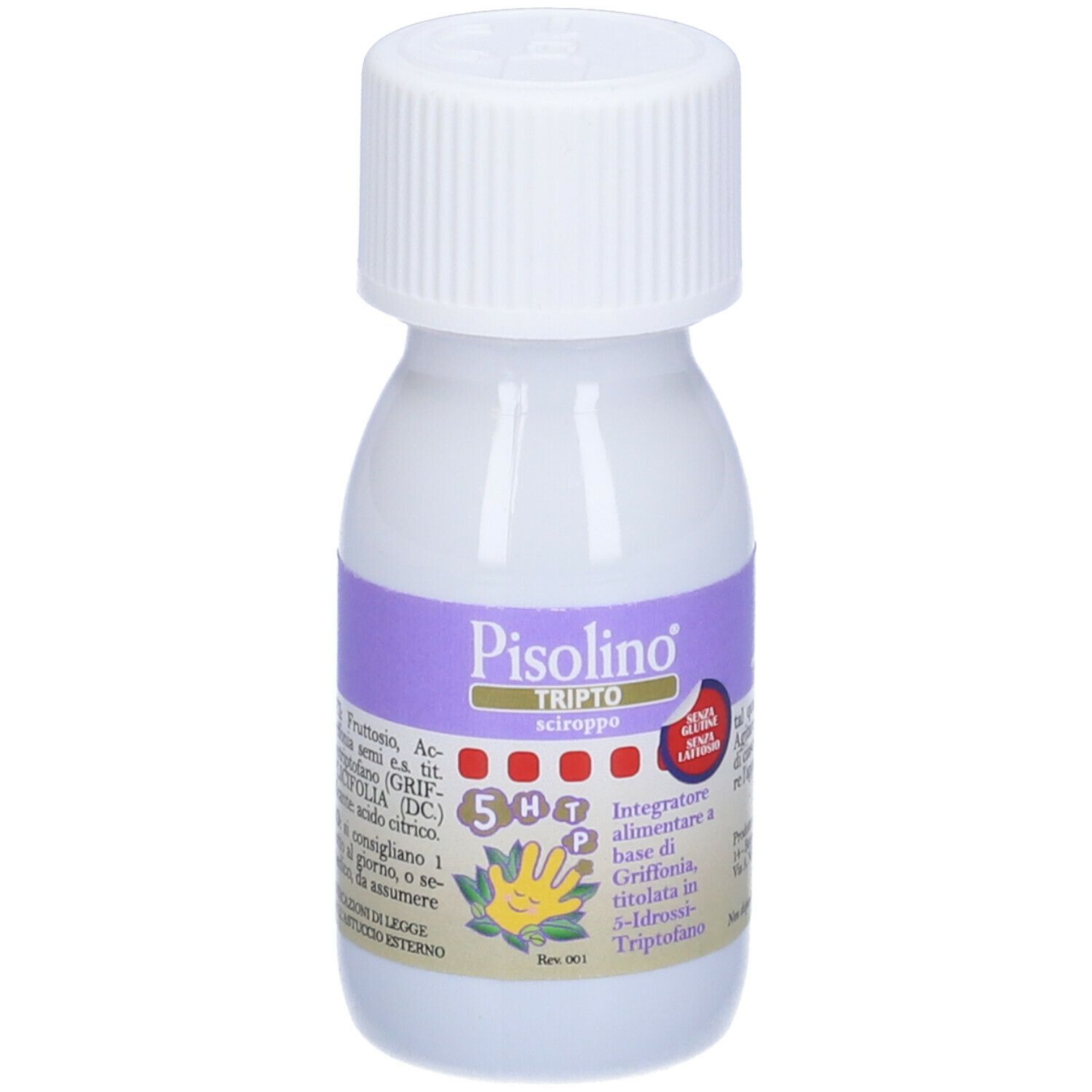 Kleine, weiße Flasche mit Schraubverschluss. Etikett mit Produktinformationen. Aufschrift: Pisolino Tripto, Sirup, 5-HTP.