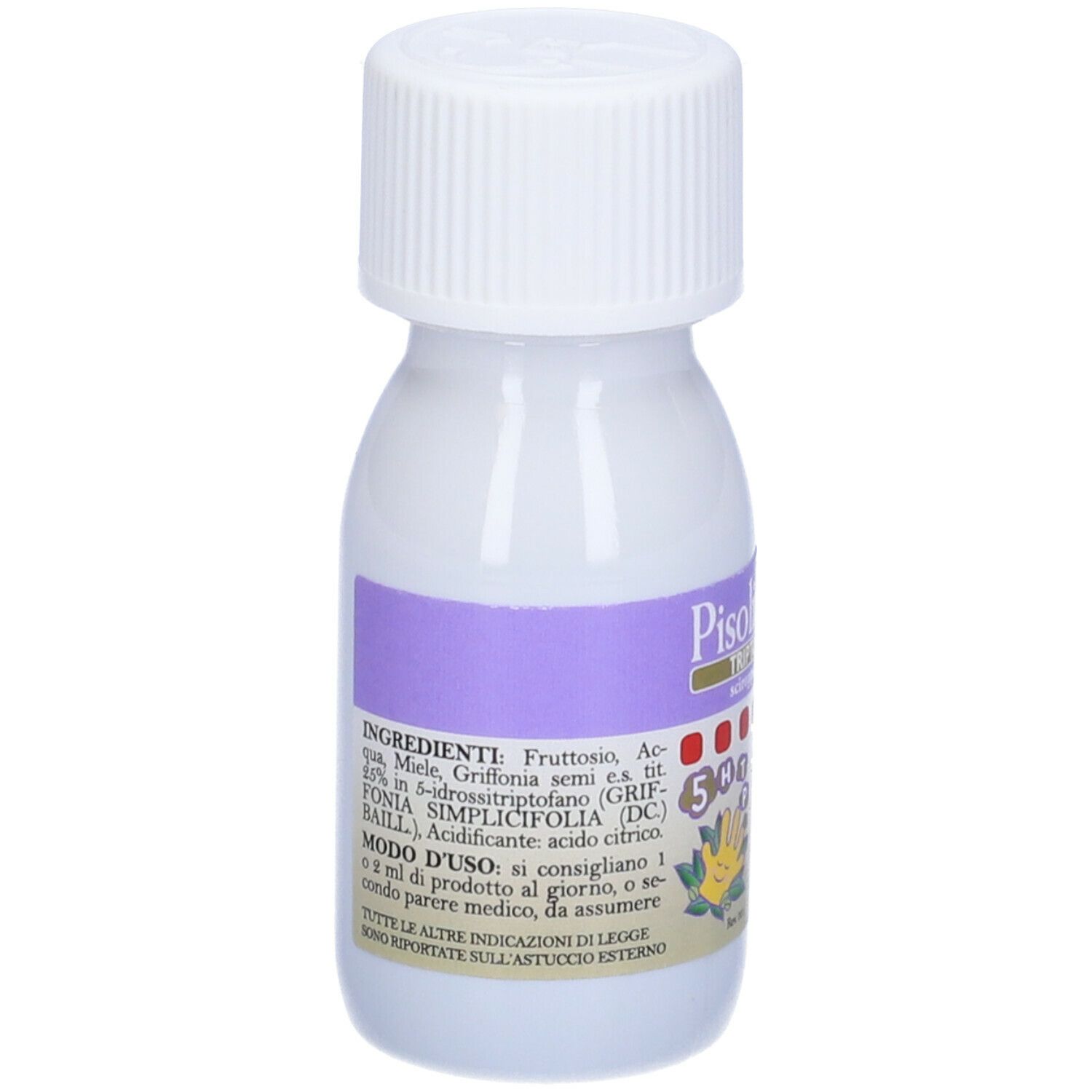 Kleine, weiße Flasche mit Schraubverschluss. Etikett mit Produktinformationen. Aufschrift: Pisolino, 5-HTP, Sirup, Inhaltsstoffe.