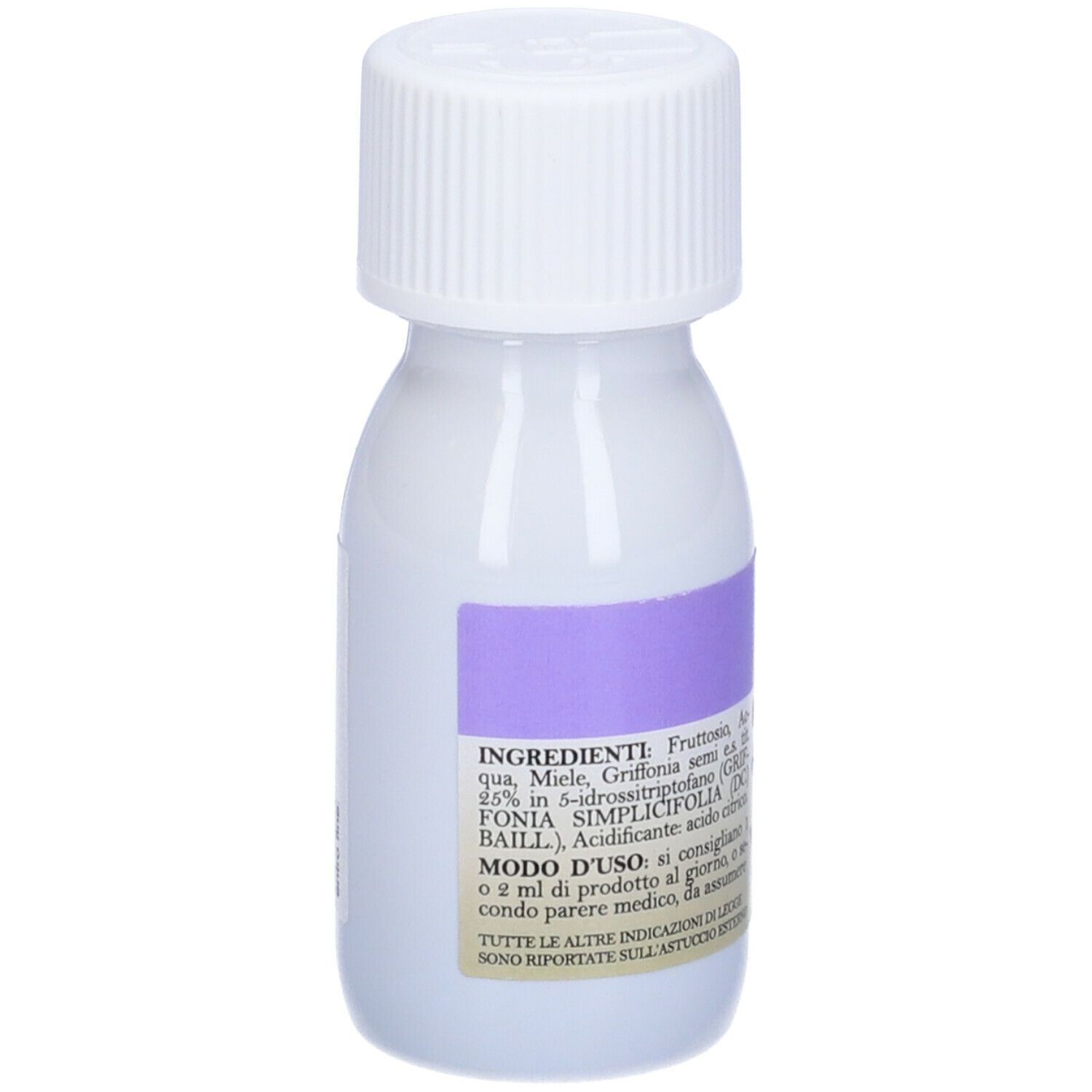 Kleine, weiße Flasche mit Schraubverschluss. Etikett mit Produktinformationen. Aufschrift: Inhaltsstoffe, Anwendungshinweise.