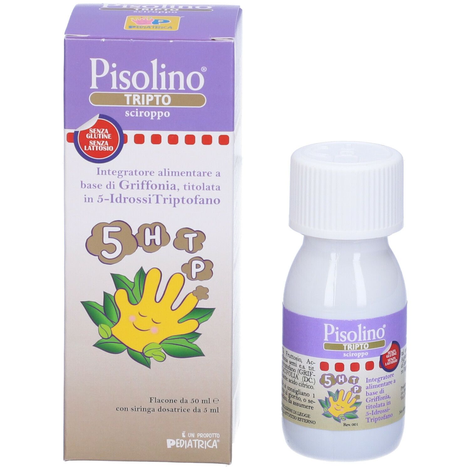 Produktverpackung und Flasche. Aufschrift: Pisolino Tripto, Sirup. Enthält 5-HTP. Mit Dosierspritze. Ohne Laktose.