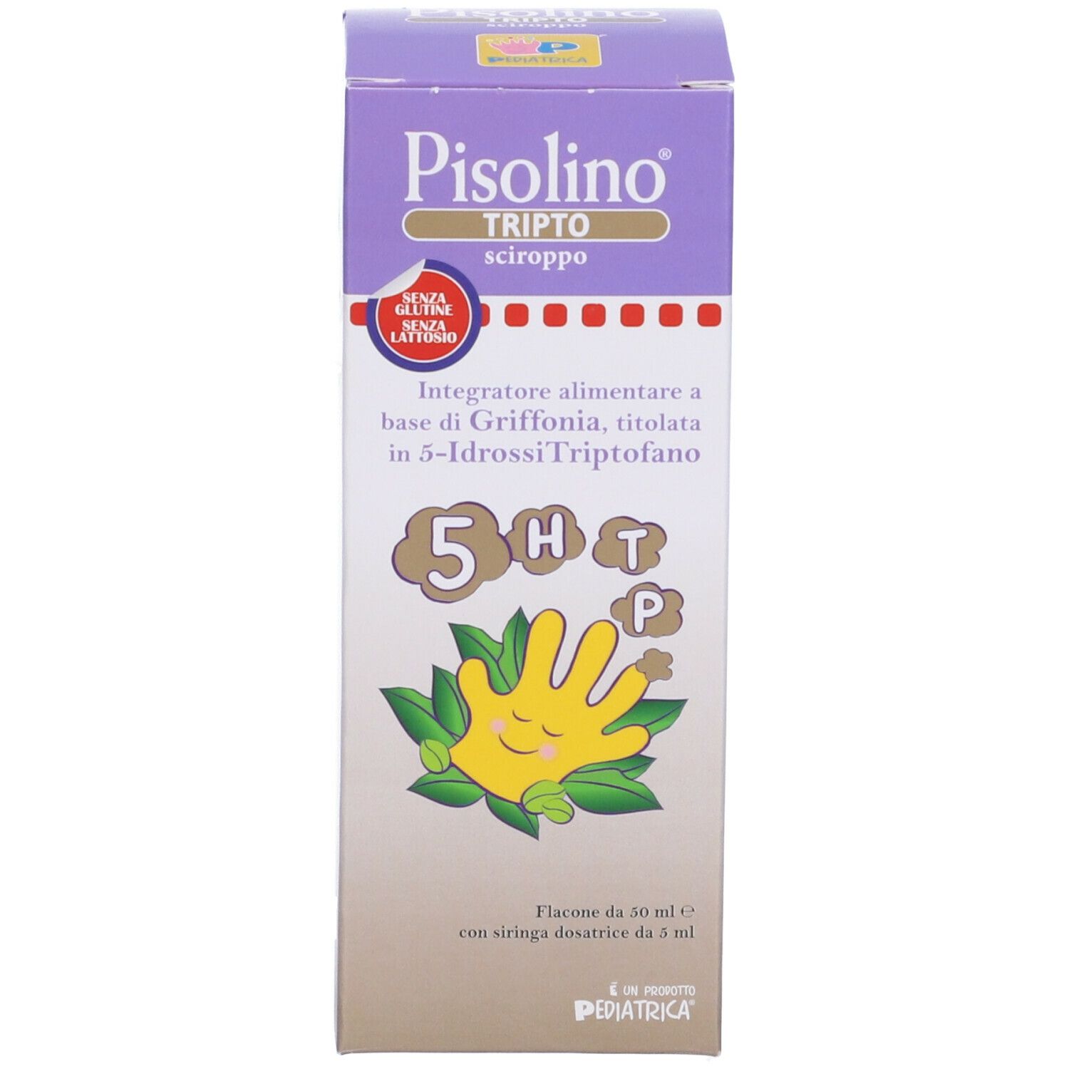 Produktverpackung. Aufschrift: Pisolino Tripto, Sirup. Enthält 5-HTP. Mit Dosierspritze. Ohne Laktose.