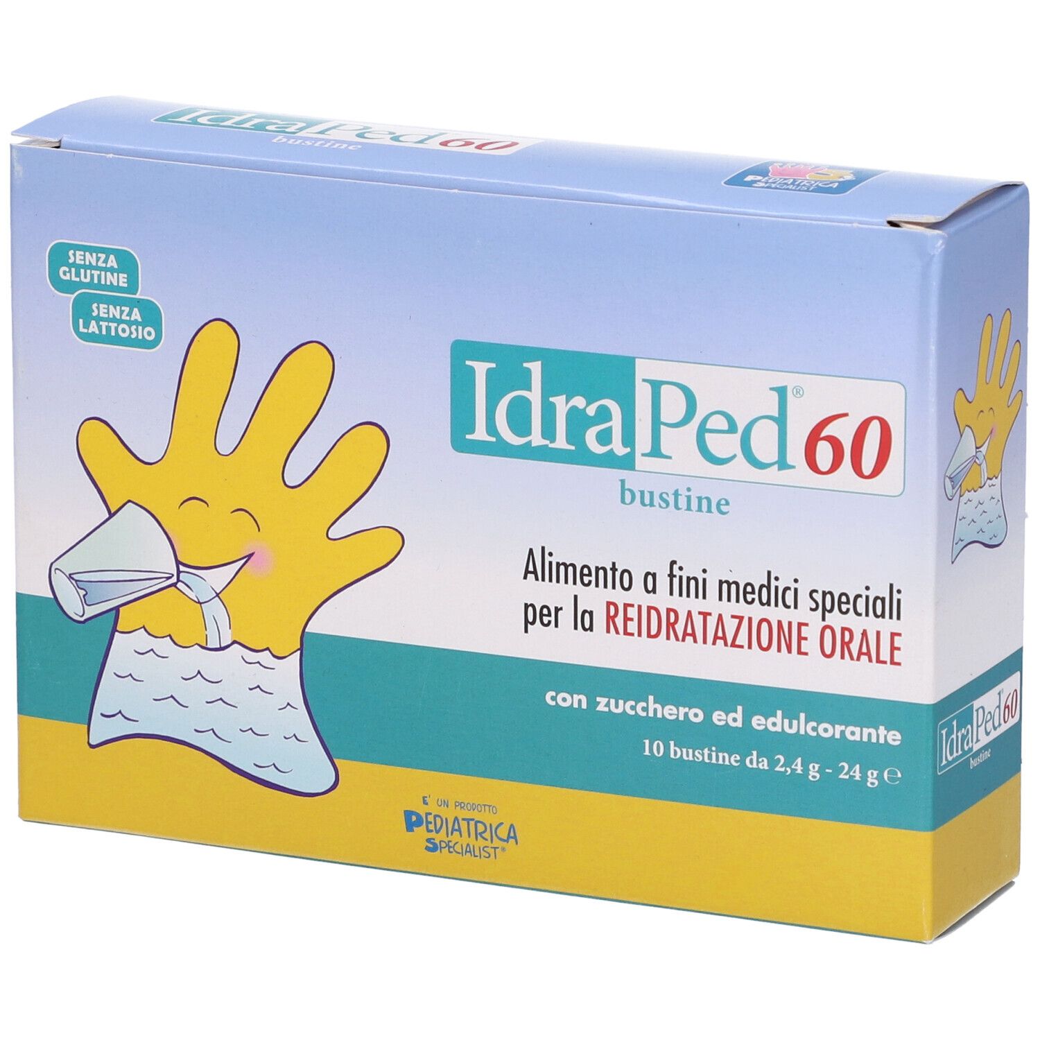 Scatola di IdraPed 60 Bustine. Confezione blu e gialla, nome del prodotto e illustrazione di una mano.