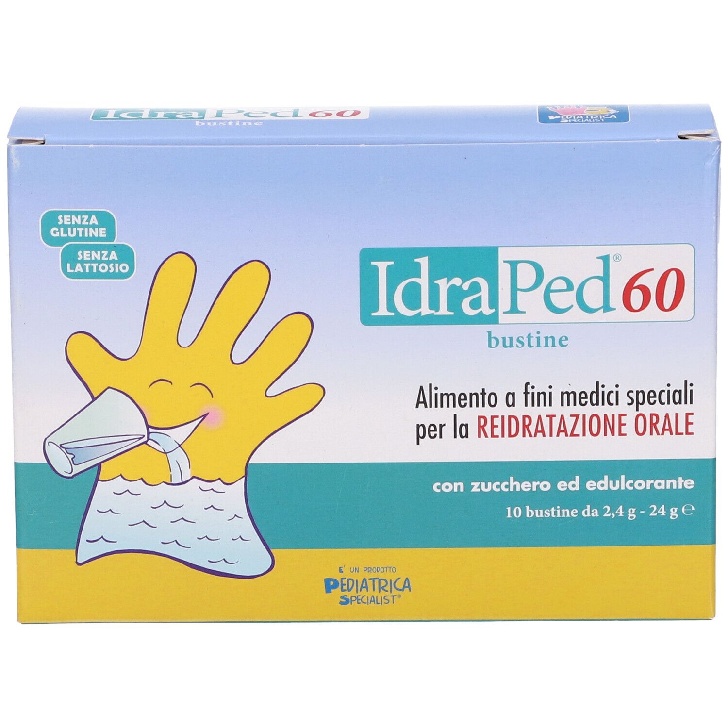 Scatola di IdraPed 60 Bustine. Confezione blu e gialla, nome del prodotto e illustrazione di una mano.