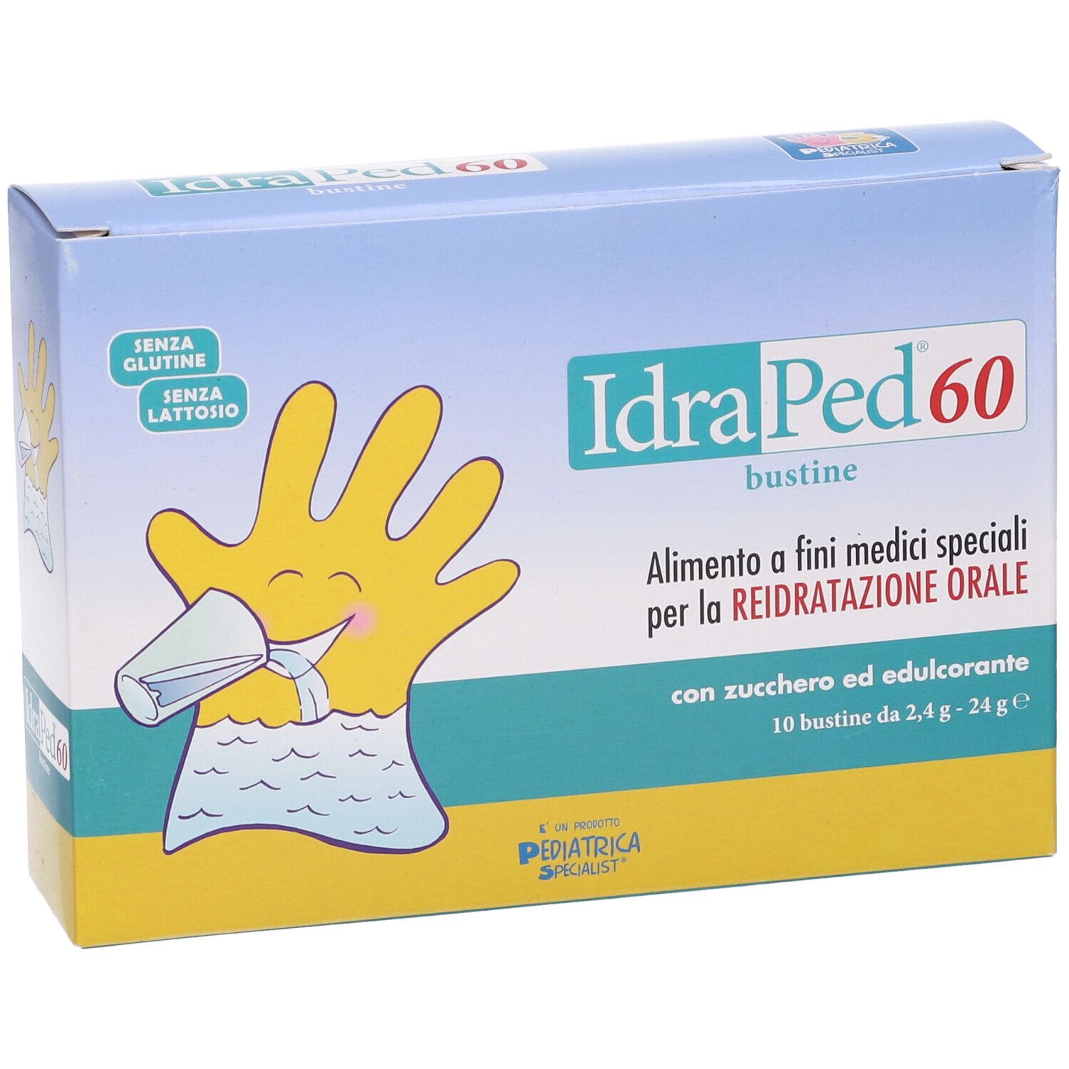 Scatola di IdraPed 60 Bustine. Confezione blu e gialla, nome del prodotto e illustrazione di una mano.