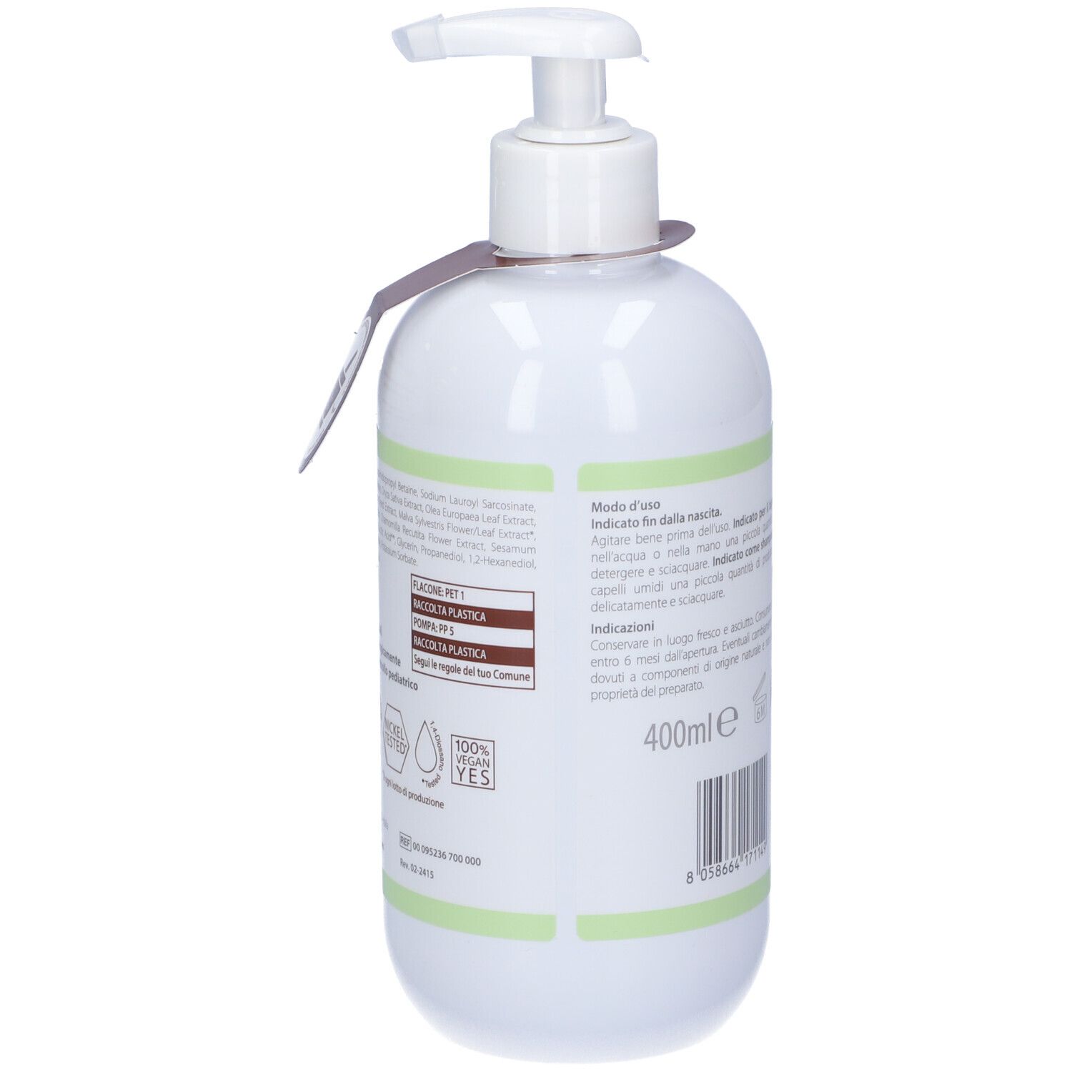 Weiße Flasche mit Pumpe. Text und Etikett. Logo 'Fiocchi di Riso'.