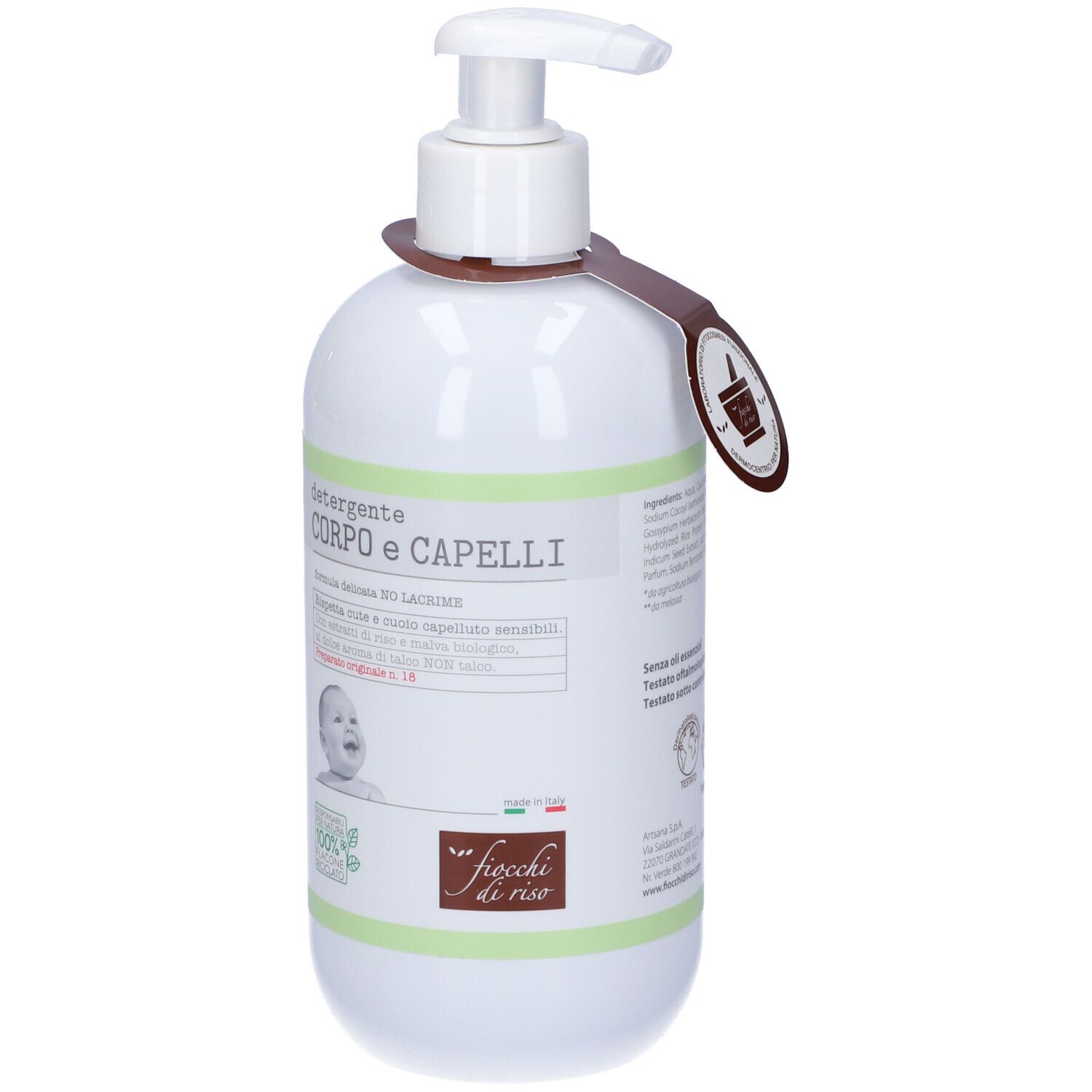 Weiße Flasche mit Pumpe. Aufschrift 'CORPO E CAPELLI'. Logo 'Fiocchi di Riso'.