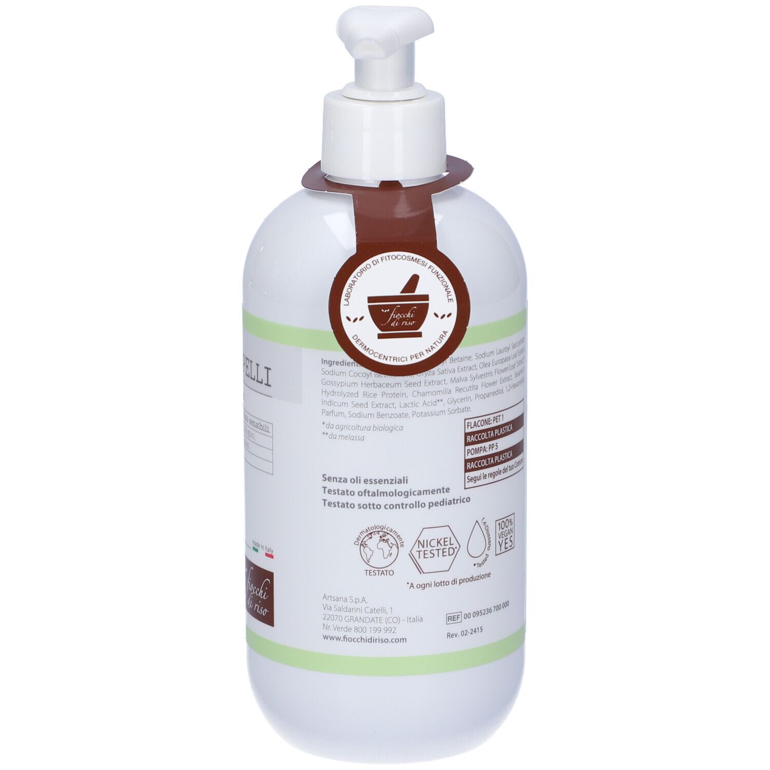 Weiße Flasche mit Pumpe. Aufschrift 'CORPO E CAPELLI'. Logo 'Fiocchi di Riso'.