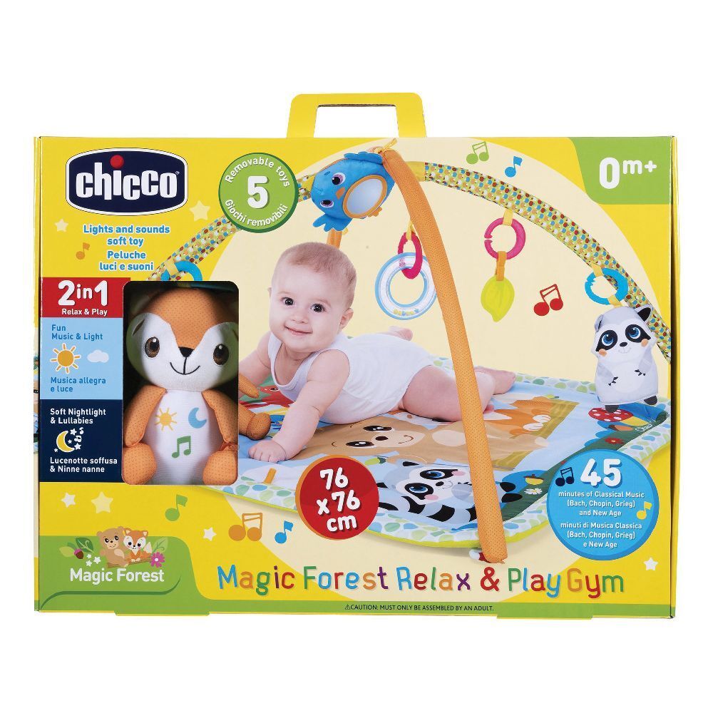 Tappeto gioco Chicco con bambino. 76x76cm. Giocattoli, musica e luce. Confezione con nome e logo del prodotto.
