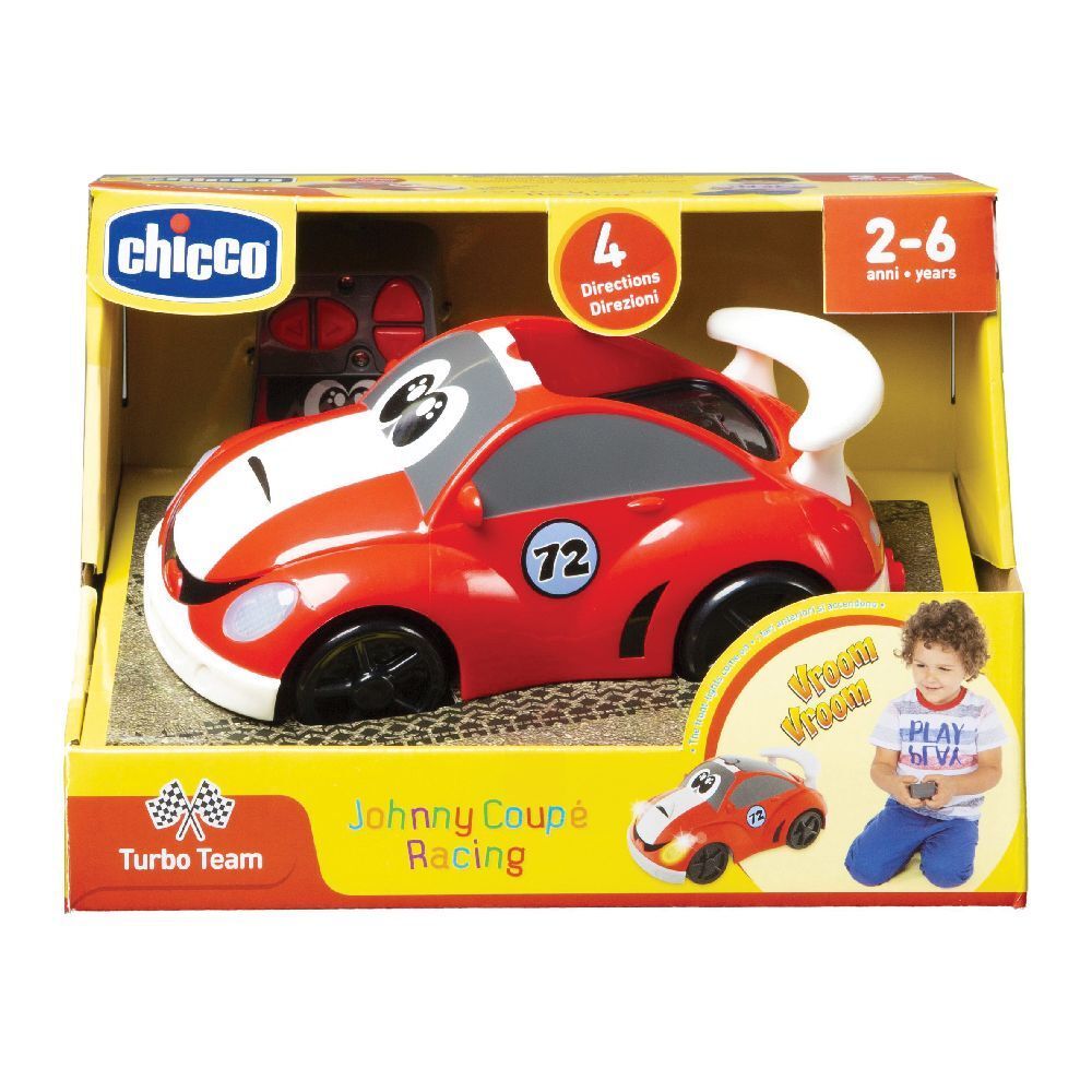Macchina giocattolo rossa in confezione. Scritta: Johnny Coupe Racing, 2-6 anni. Marchio Chicco.
