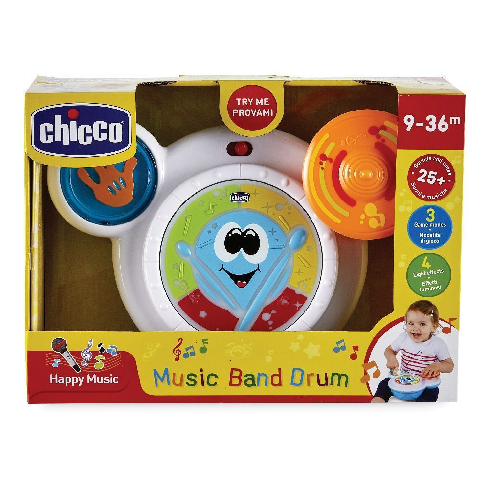 Giocattolo musicale in confezione. Tamburo con elementi colorati, scritta Music Band Drum, consigliato per 9-36 mesi.