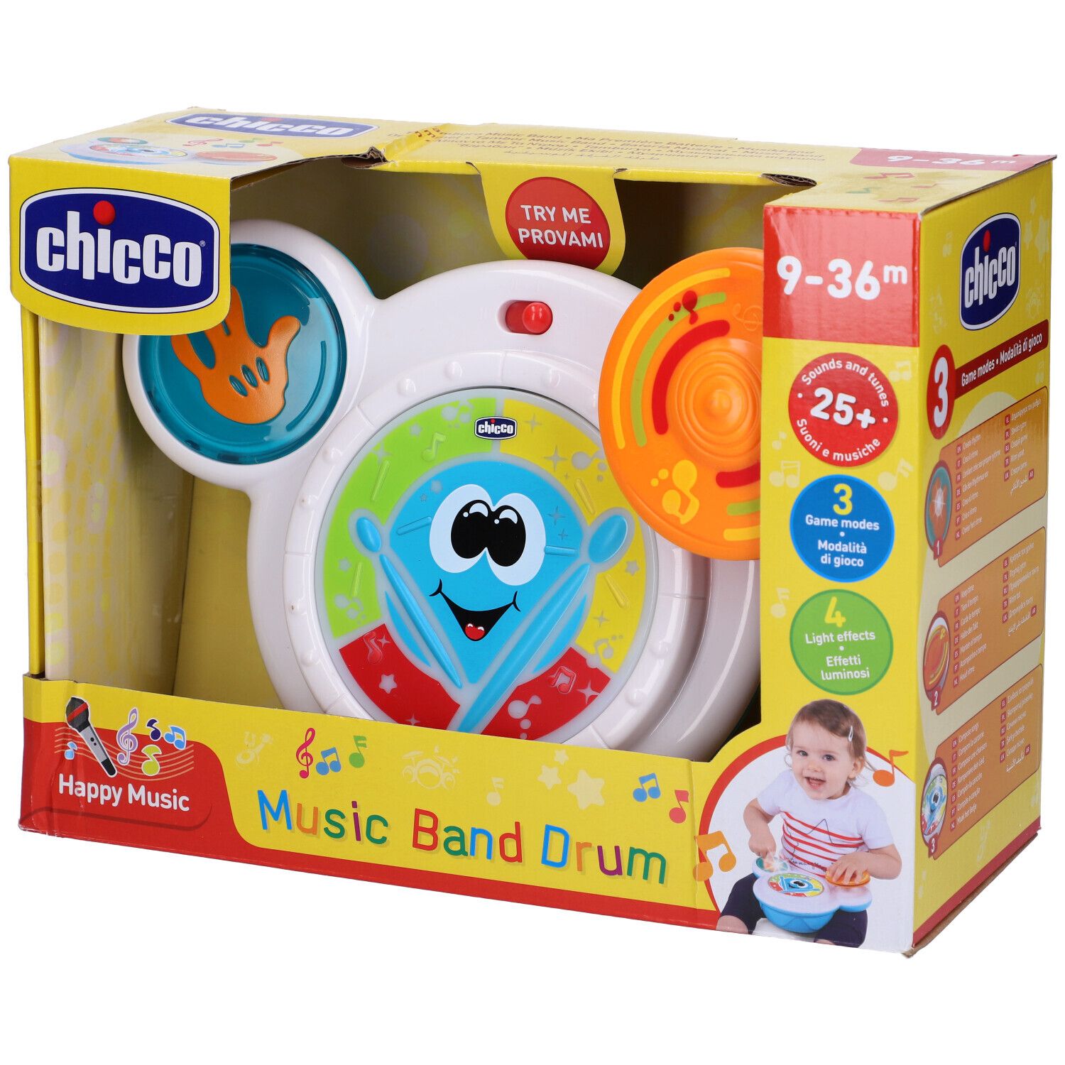 Confezione con giocattolo musicale. Tamburo con elementi colorati, scritta Music Band Drum, consigliato per 9-36 mesi.