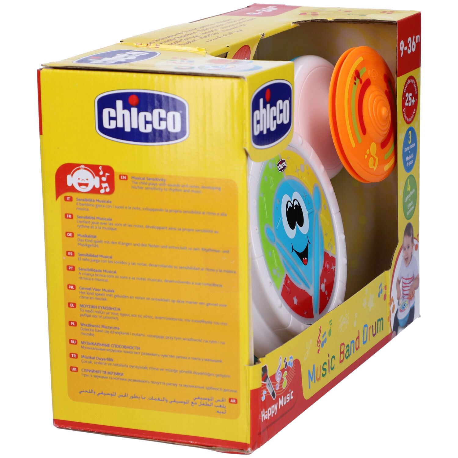Confezione con giocattolo musicale. Tamburo con elementi colorati, scritta Music Band Drum, consigliato per 9-36 mesi.