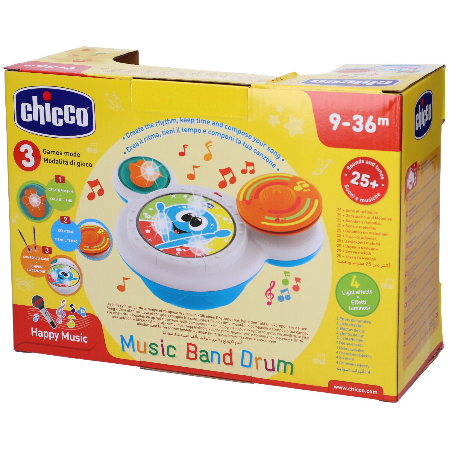 Confezione con giocattolo musicale. Tamburo con elementi colorati, scritta Music Band Drum, consigliato per 9-36 mesi.