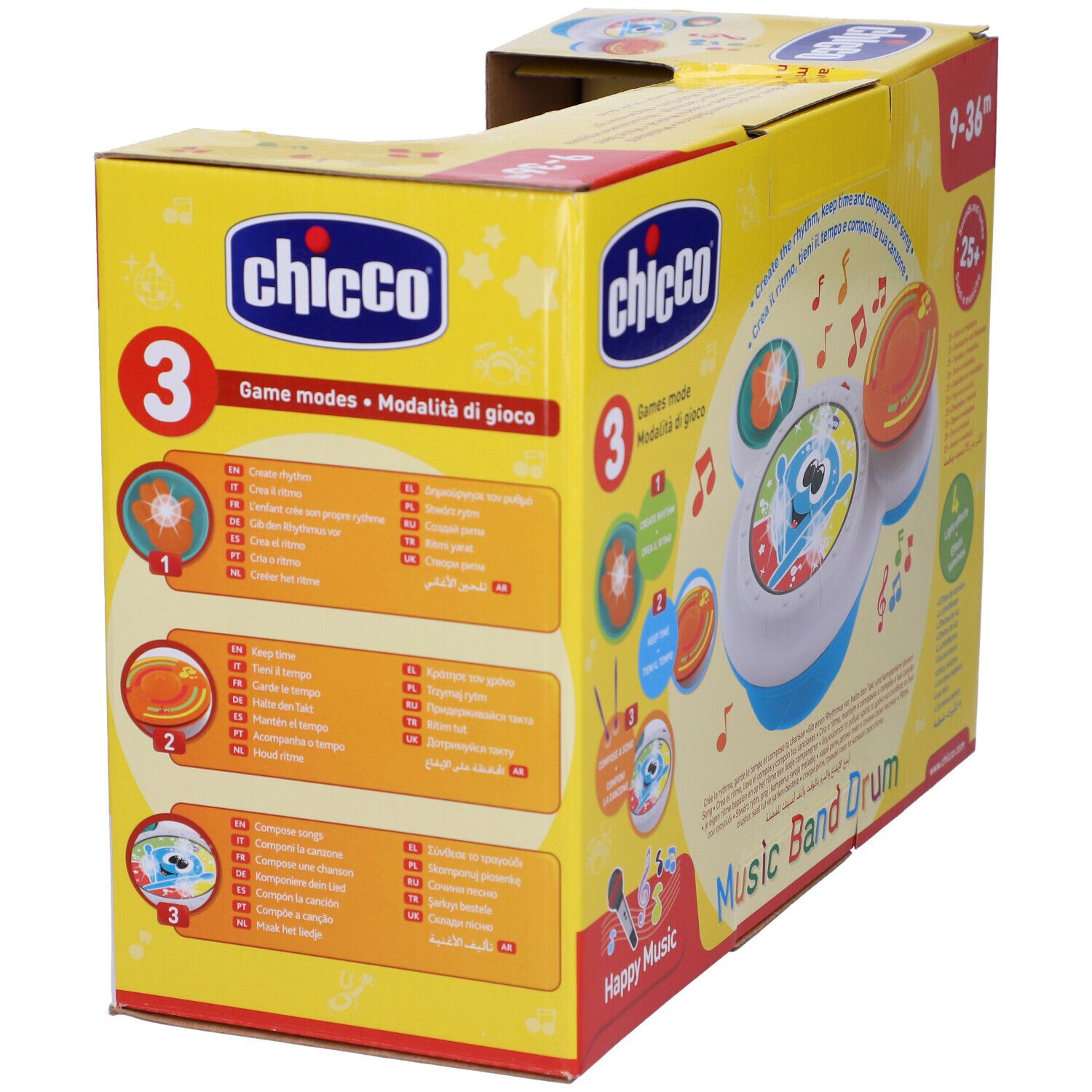 Confezione con giocattolo musicale. Tamburo con elementi colorati, scritta Music Band Drum, consigliato per 9-36 mesi.
