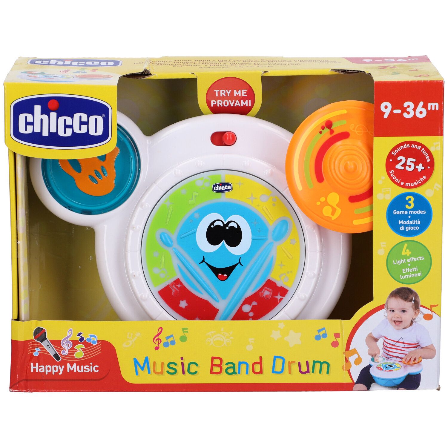 Giocattolo musicale in confezione. Tamburo con elementi colorati, scritta Music Band Drum, consigliato per 9-36 mesi.