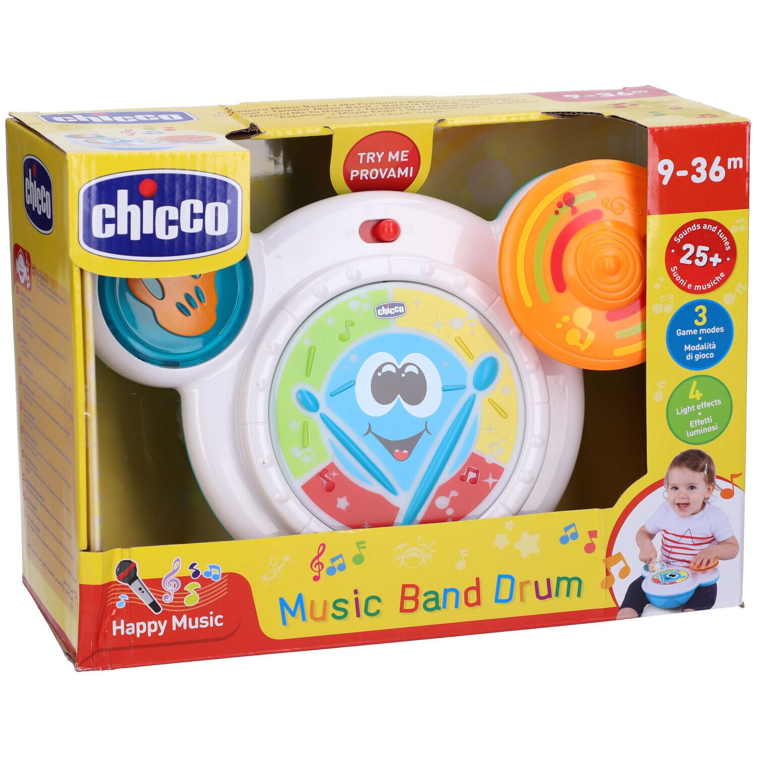 Giocattolo musicale in confezione. Tamburo con elementi colorati, scritta Music Band Drum, consigliato per 9-36 mesi.