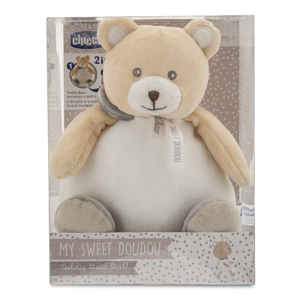 Orsetto-palla in confezione. Beige-bianco, con fiocco. Scritta: My Sweet Doudou. Marchio Chicco.