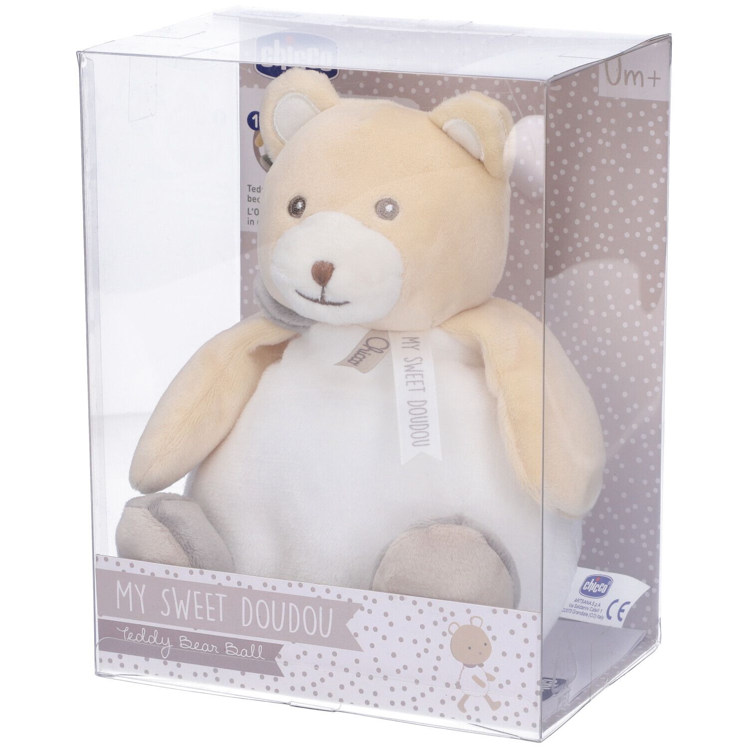 Orsetto-palla in confezione. Beige-bianco. Scritta: My Sweet Doudou. Marchio Chicco. Confezione in plastica.