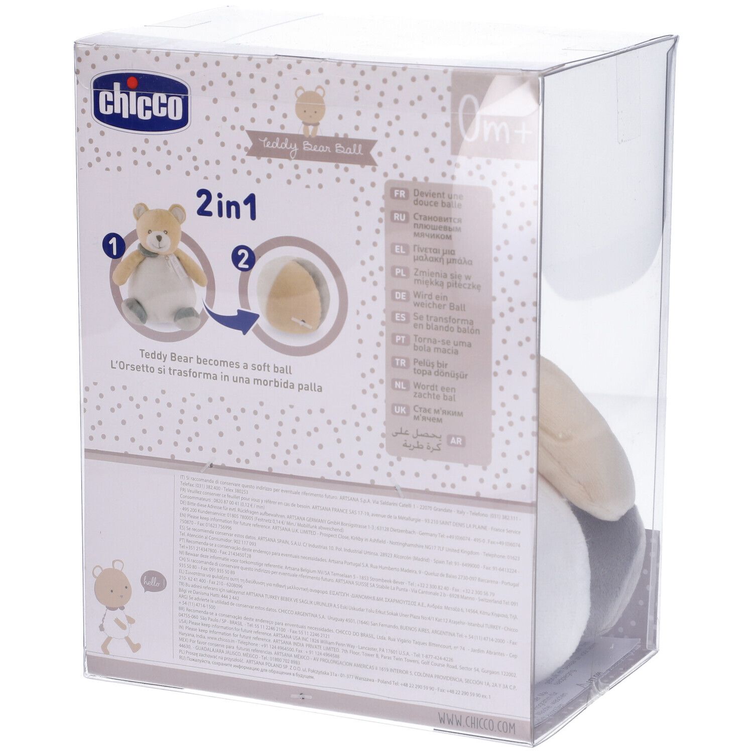 Retro della confezione. Orsetto-palla, funzione 2-in-1. Marchio Chicco. Testo multilingue.