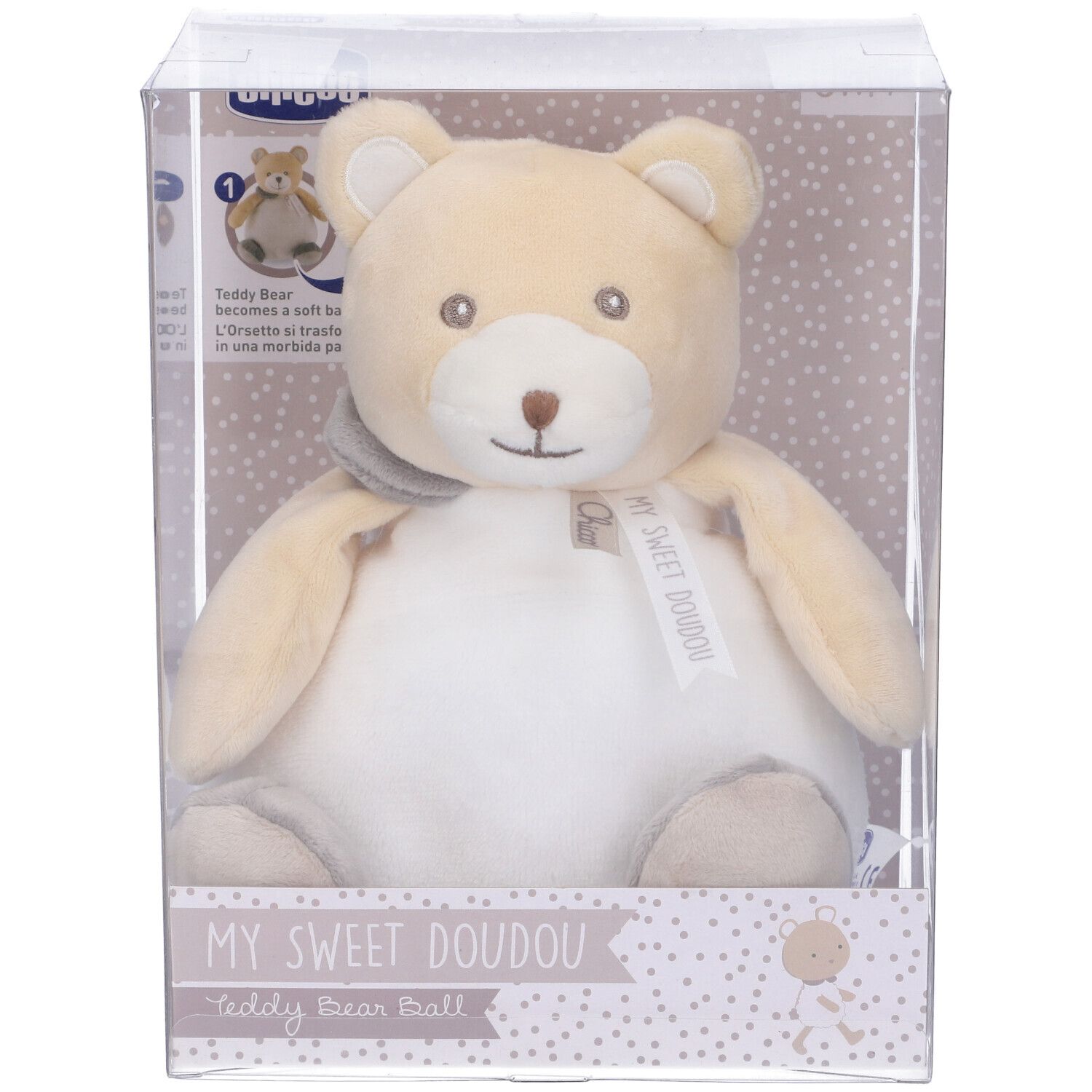 Orsetto-palla in confezione. Beige-bianco, con fiocco. Scritta: My Sweet Doudou. Marchio Chicco.