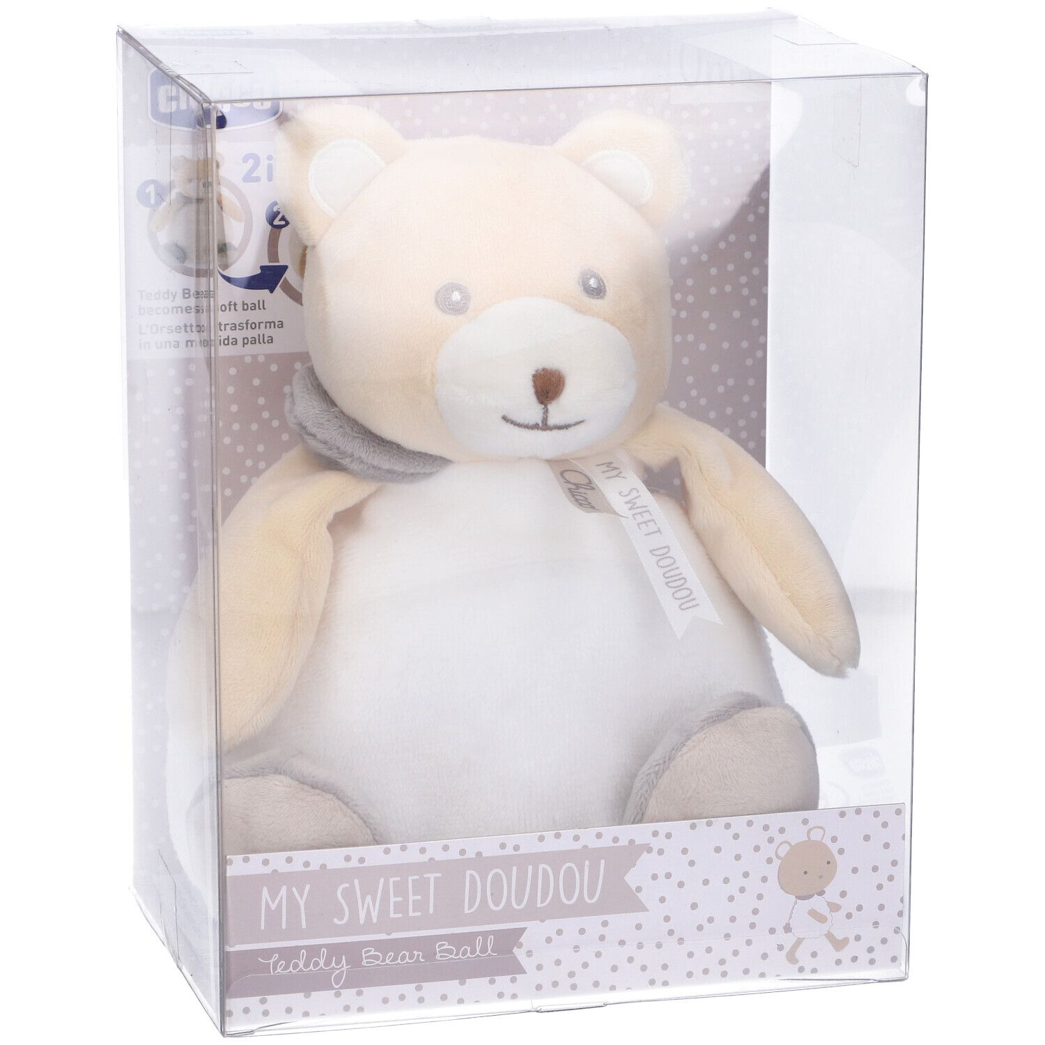 Orsetto-palla in confezione. Beige-bianco, con fiocco. Scritta: My Sweet Doudou. Marchio Chicco.