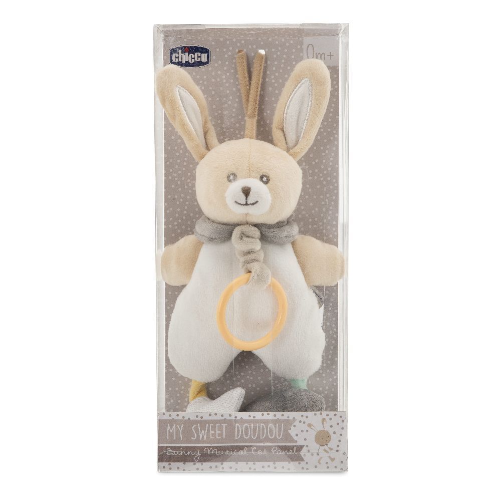 Giocattolo Chicco, coniglio con orecchie. Beige, bianco e grigio. Anello giallo. In confezione trasparente.