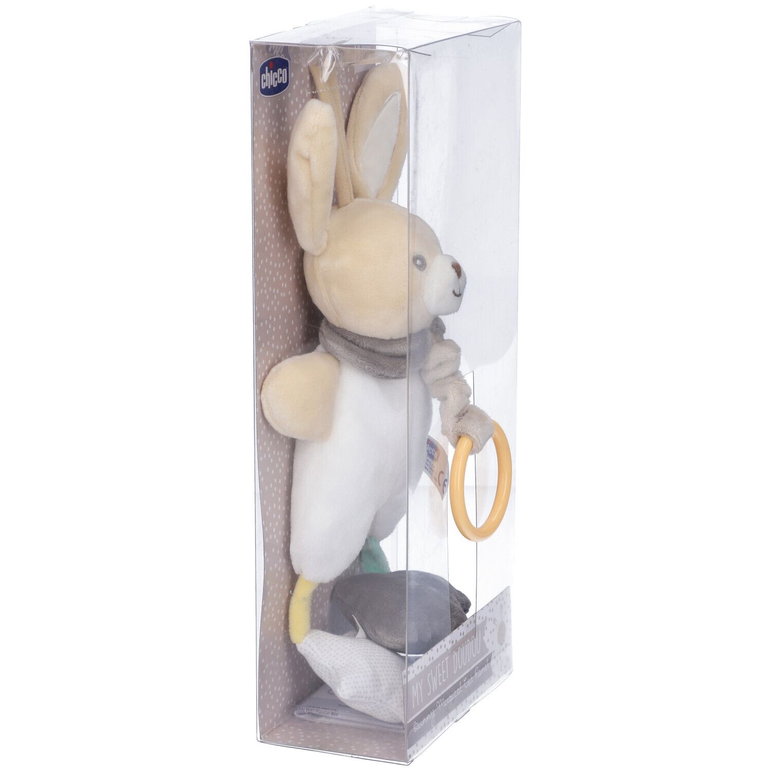 Giocattolo Chicco, coniglio con orecchie. Beige, bianco e grigio. Anello giallo. In confezione trasparente.