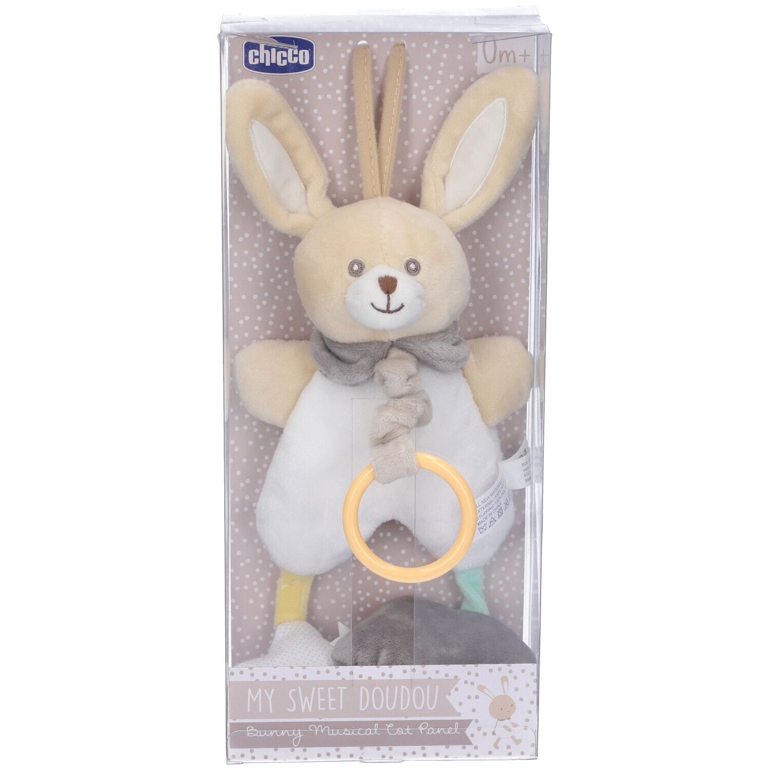 Giocattolo Chicco, coniglio con orecchie. Beige, bianco e grigio. Anello giallo. In confezione trasparente.