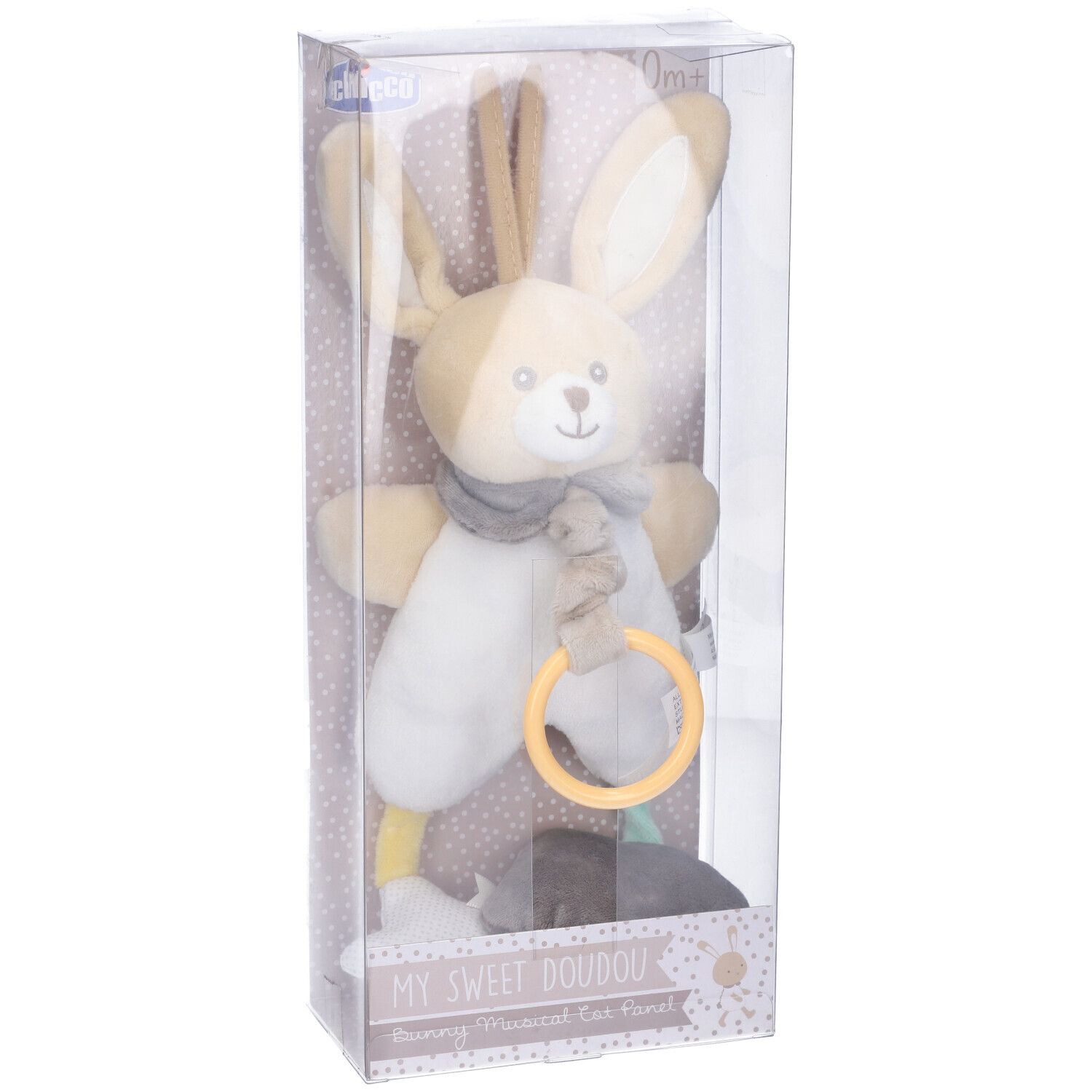 Giocattolo Chicco, coniglio con orecchie. Beige, bianco e grigio. Anello giallo. In confezione trasparente.