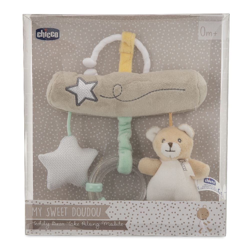 Mobile giocattolo in confezione trasparente. Stella, orso e anello. Marchio Chicco. Testo: My Sweet Doudou.