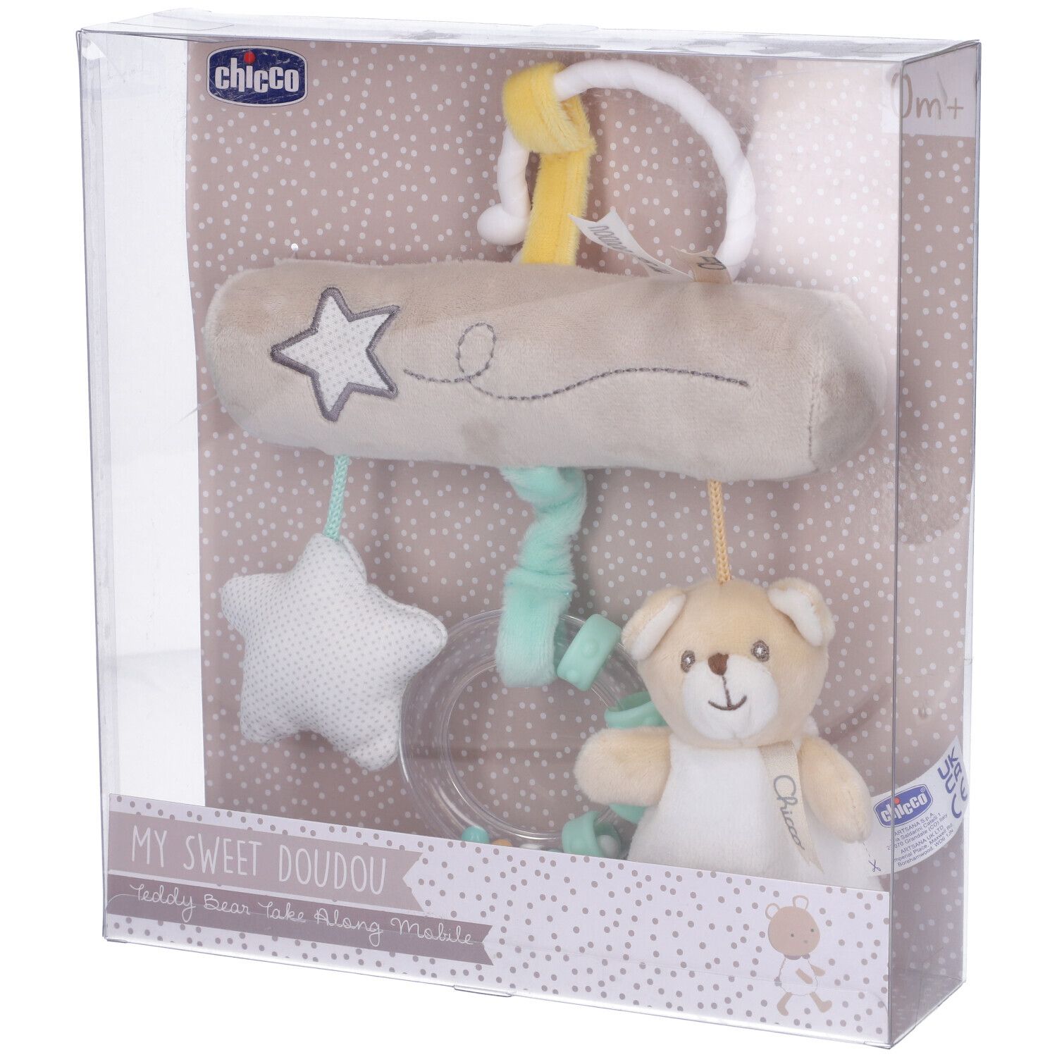 Mobile giocattolo in confezione trasparente. Stella, orso e anello. Marchio Chicco. Testo: My Sweet Doudou.