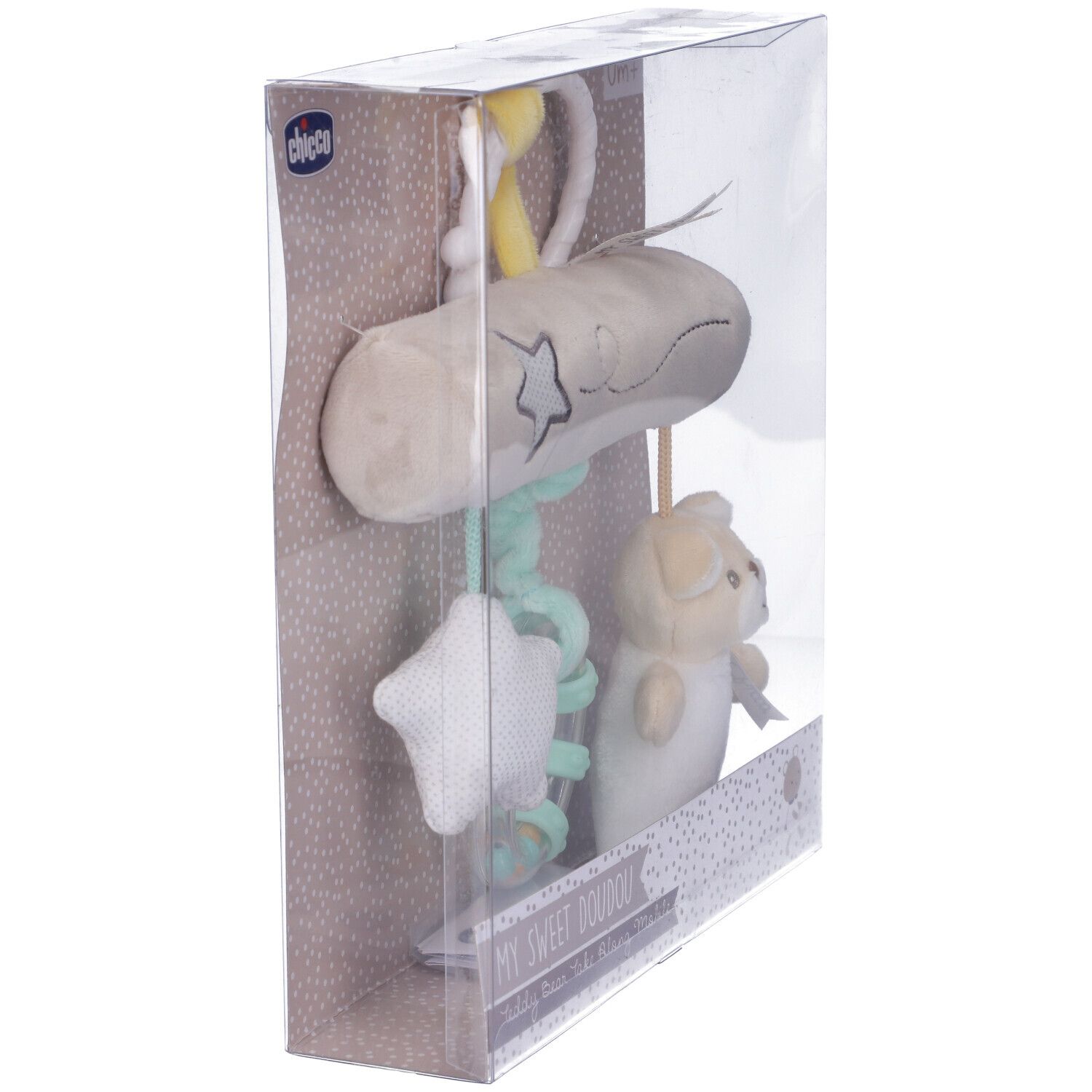 Mobile giocattolo in confezione trasparente. Stella, orso e anello. Marchio Chicco. Testo: My Sweet Doudou.