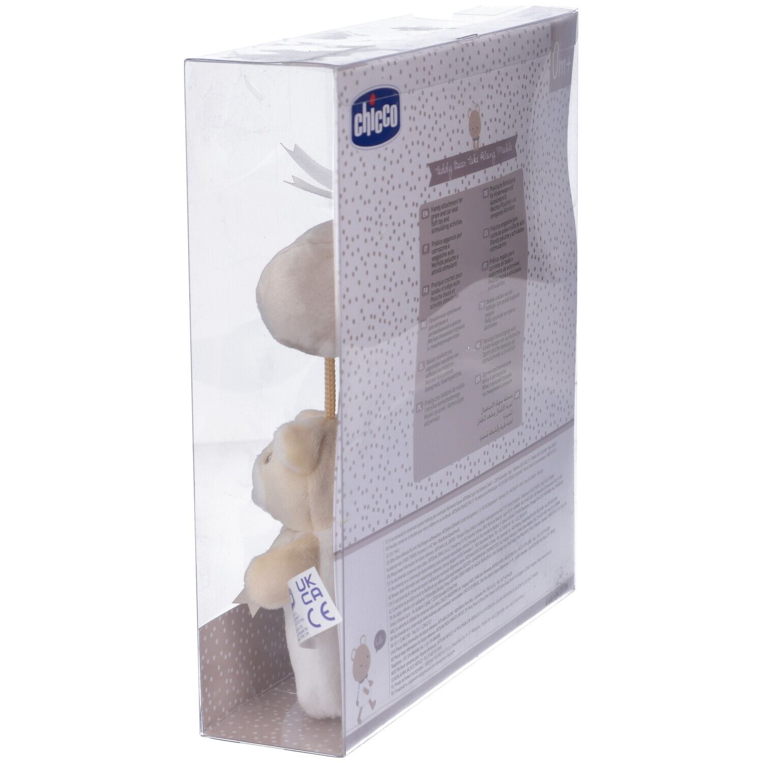 Confezione, vista laterale. Mobile giocattolo con orso. Marchio Chicco. Testo: Teddy Bear Take Along Mobile.
