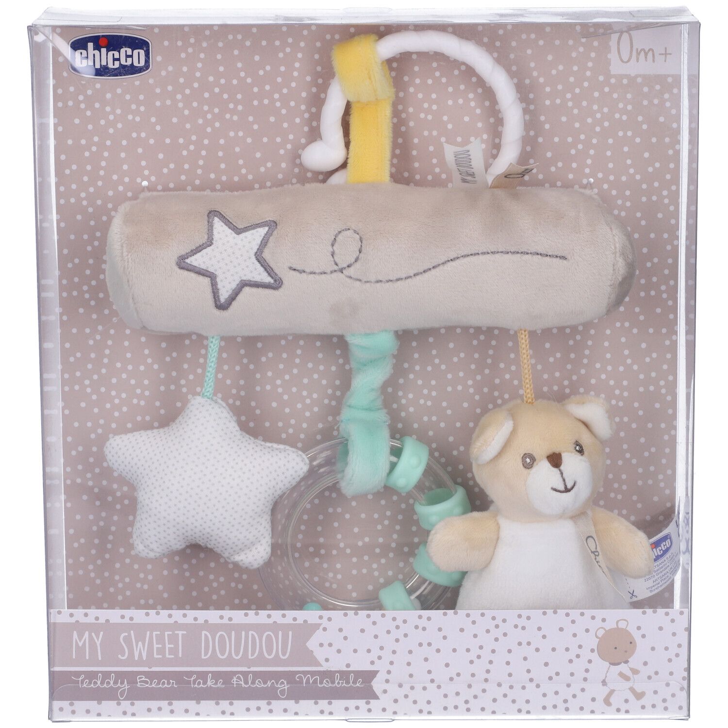 Mobile giocattolo in confezione trasparente. Stella, orso e anello. Marchio Chicco. Testo: My Sweet Doudou.