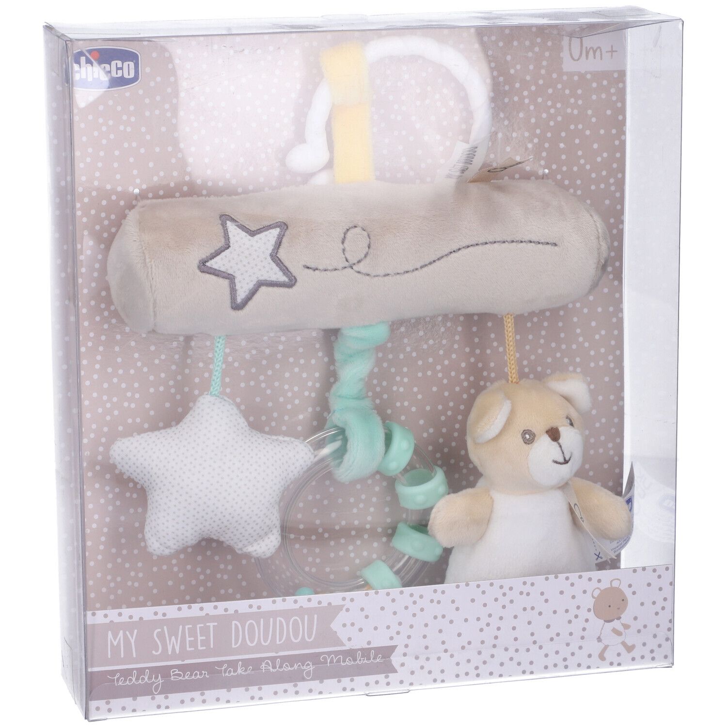Mobile giocattolo in confezione trasparente. Stella, orso e anello. Marchio Chicco. Testo: My Sweet Doudou.