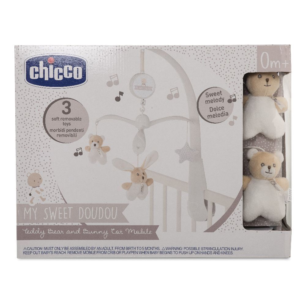 Confezione di giostrina per neonati. La giostrina ha orsetti e coniglietti. Marchio Chicco. Testo: My Sweet Doudou.