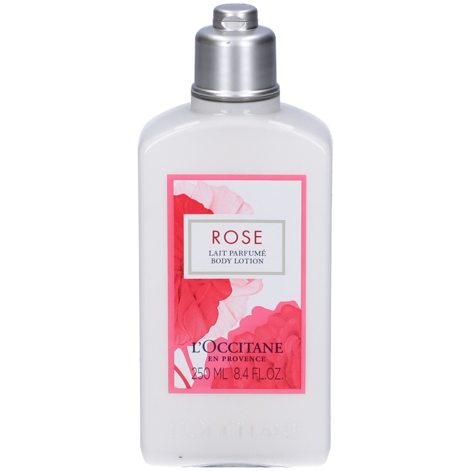 Flacone bianco con tappo argentato. Etichetta "ROSE" e "L'OCCITANE". Motivo floreale rosa.