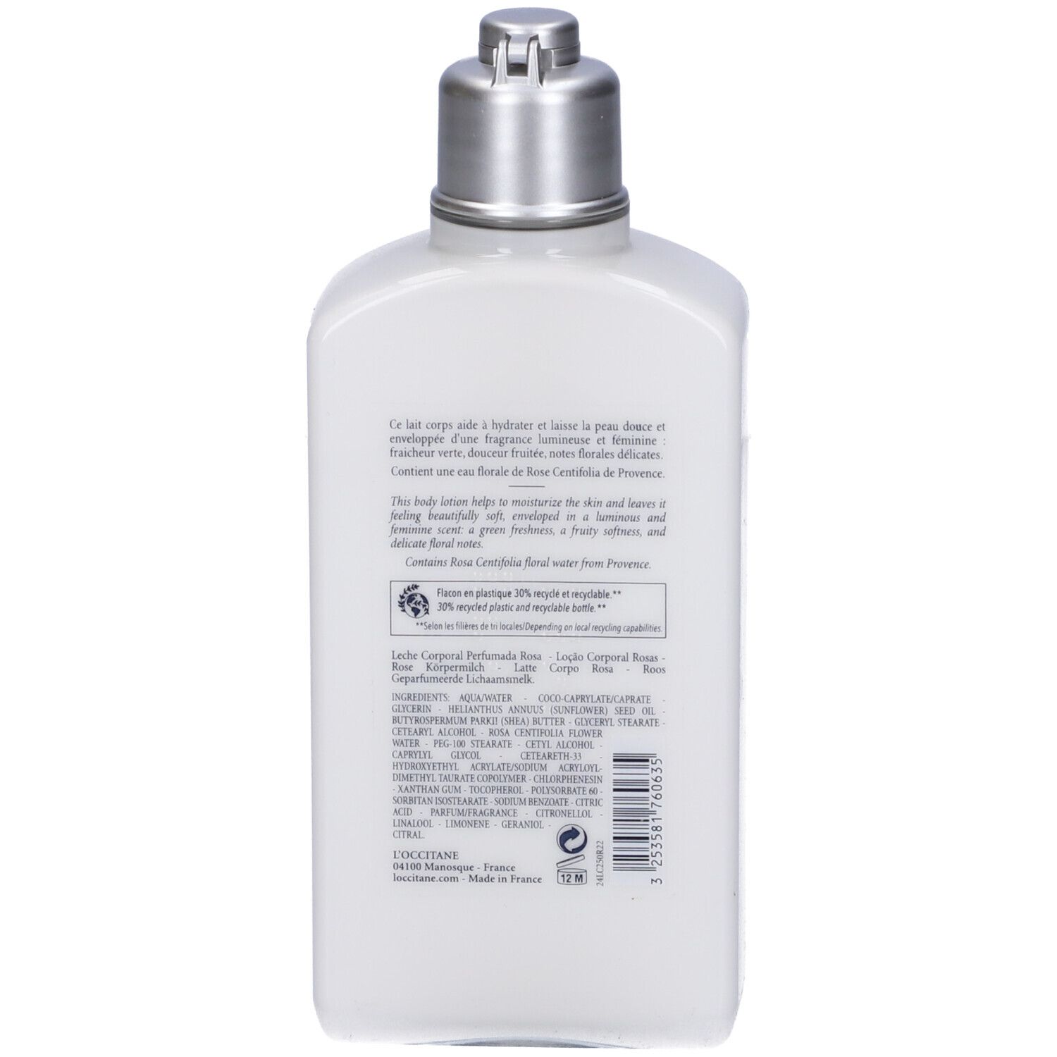 Retro del flacone bianco. Testo con ingredienti e informazioni. Tappo argentato.