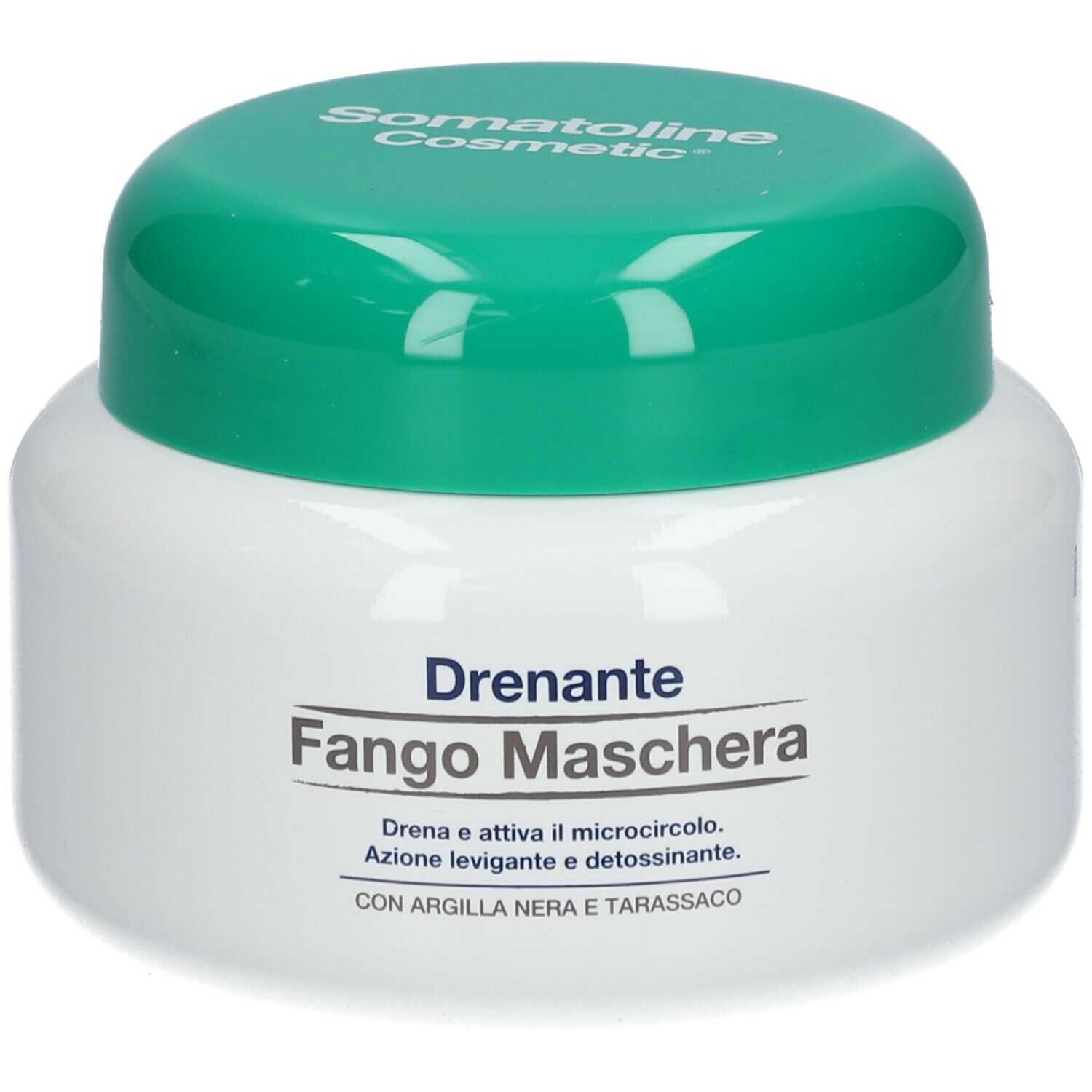 Vaso bianco con coperchio verde. Scritta: Drenante Fango Maschera, Somatoline Cosmetic.