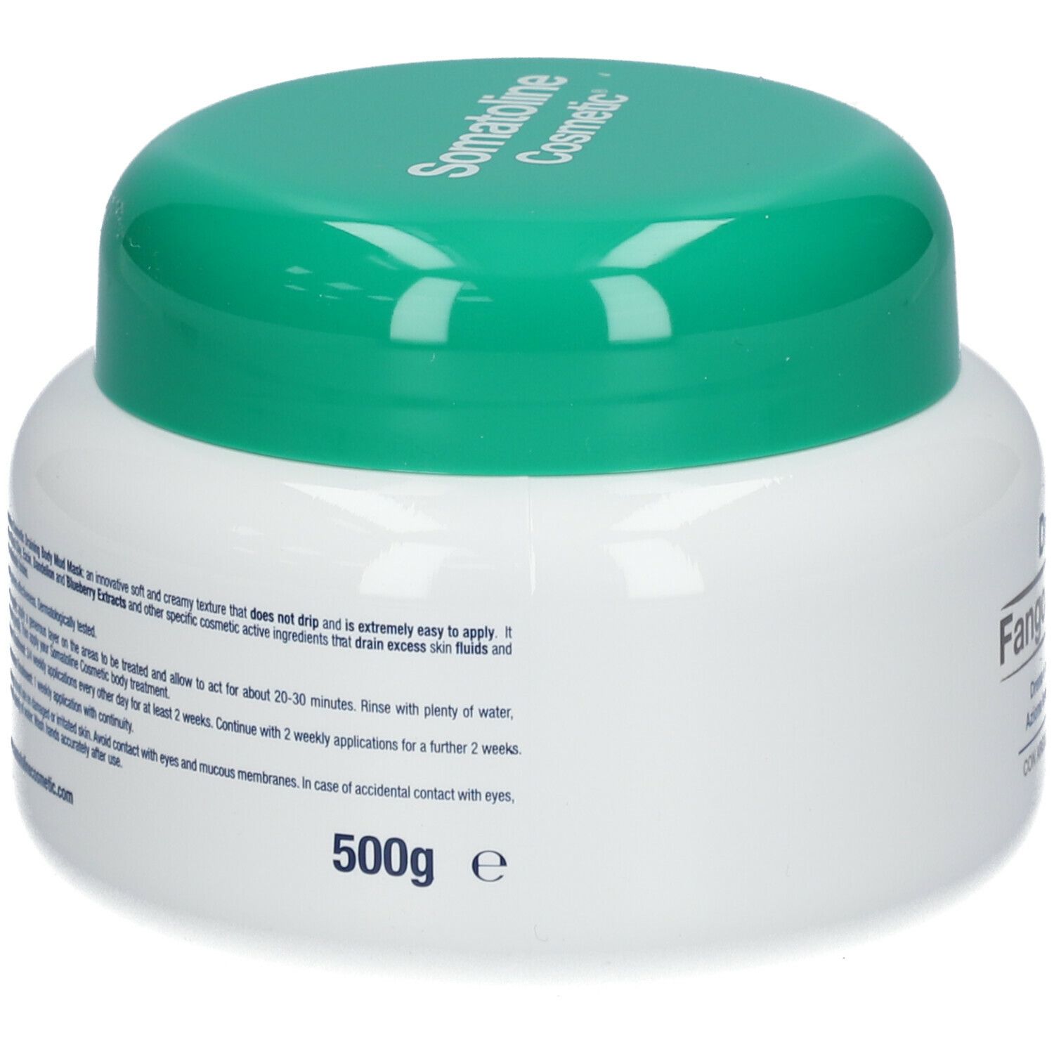 Vaso bianco con coperchio verde. Scritta: Drenante Fango Maschera, Somatoline Cosmetic.