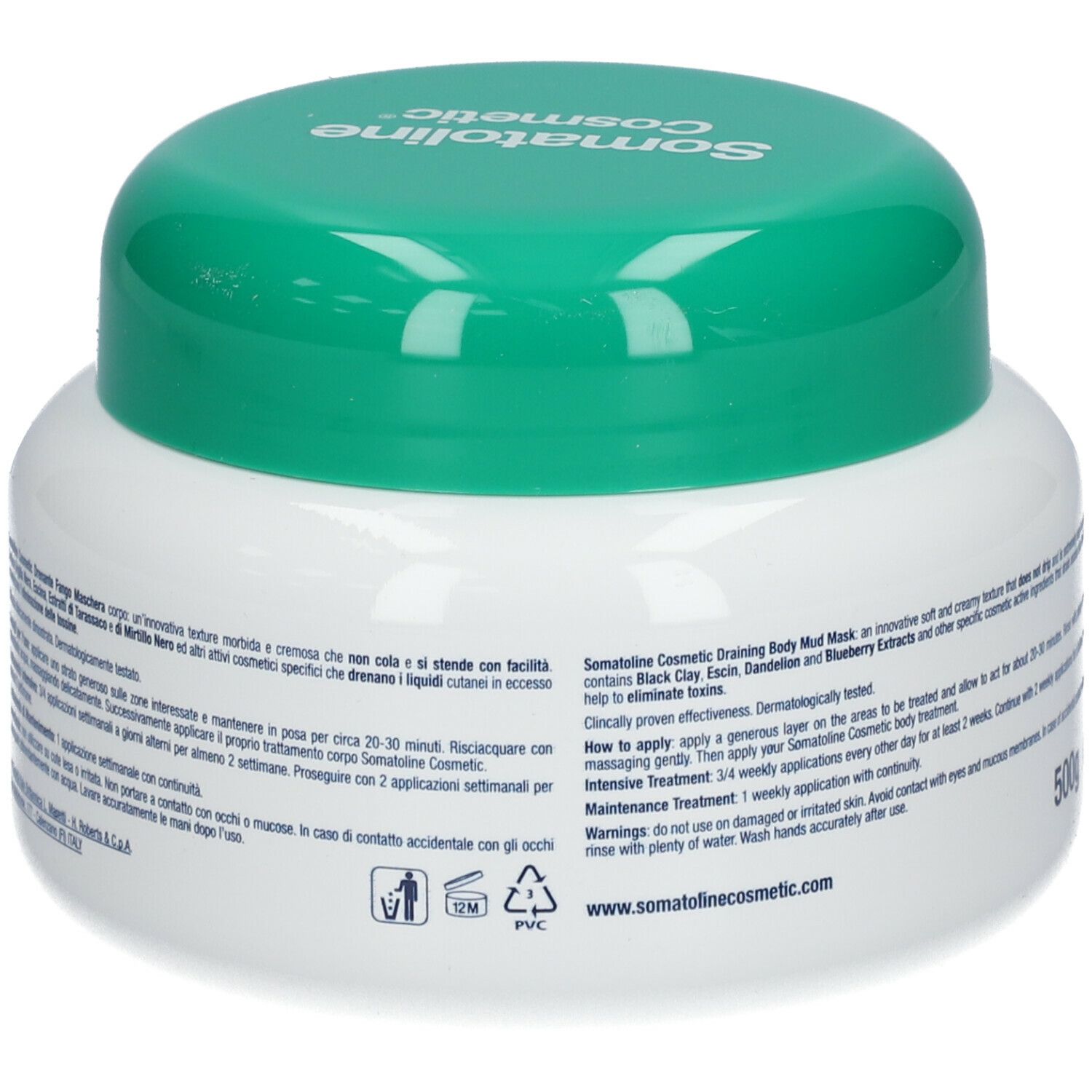 Vaso bianco con coperchio verde. Scritta: Drenante Fango Maschera, Somatoline Cosmetic.