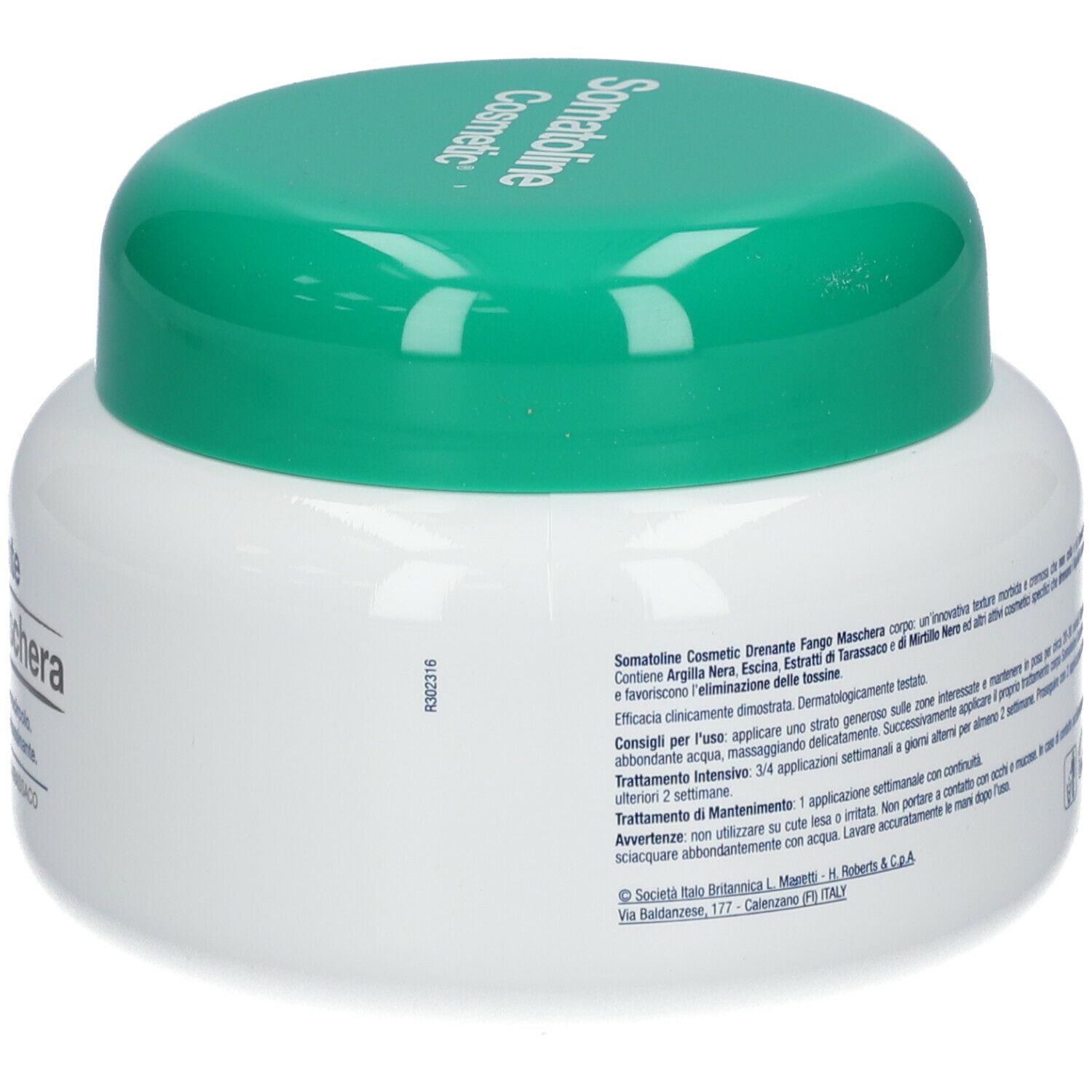 Vaso bianco con coperchio verde. Scritta: Drenante Fango Maschera, Somatoline Cosmetic.