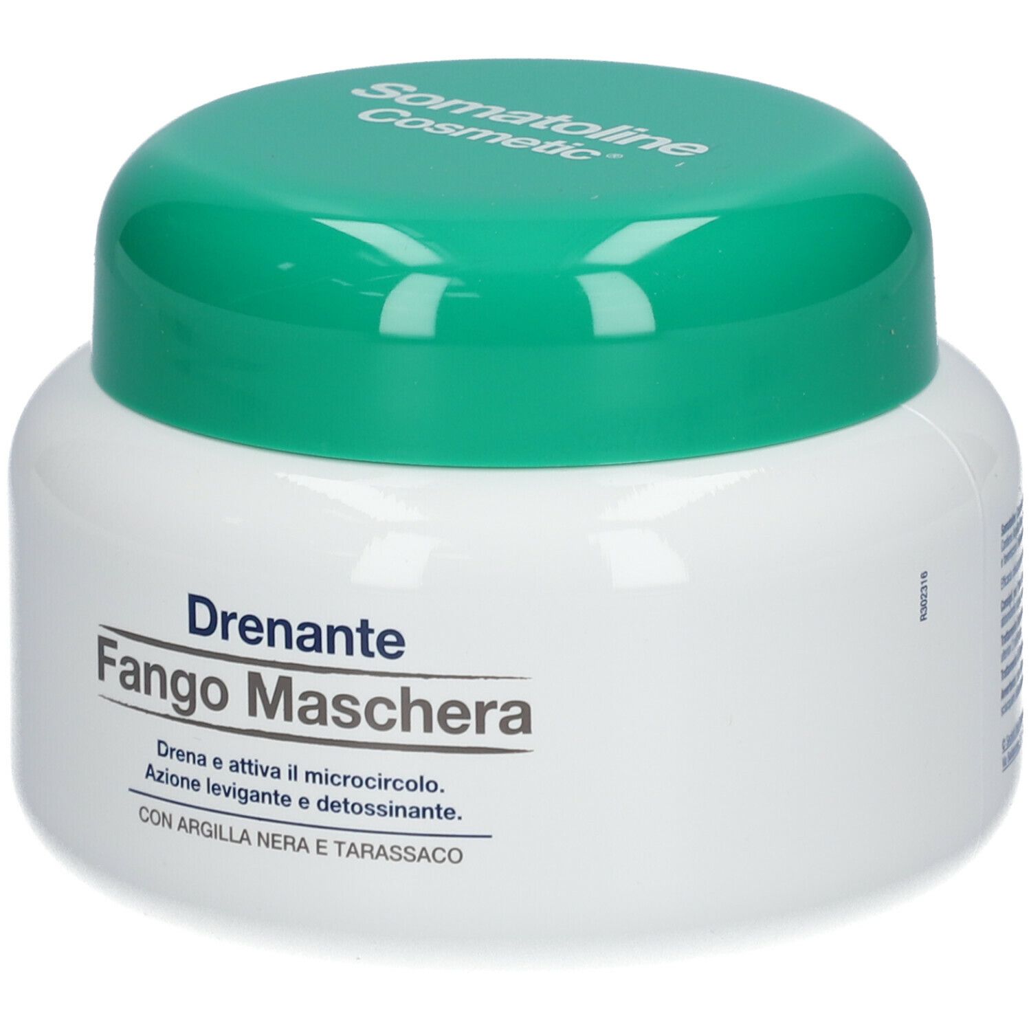 Vaso bianco con coperchio verde. Scritta: Drenante Fango Maschera, Somatoline Cosmetic.