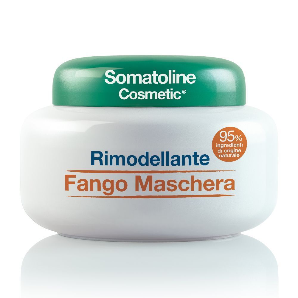 Vasetto bianco con coperchio verde. Scritta: Somatoline Cosmetic, Rimodellante Fango Maschera. 95% ingredienti di origine naturale.