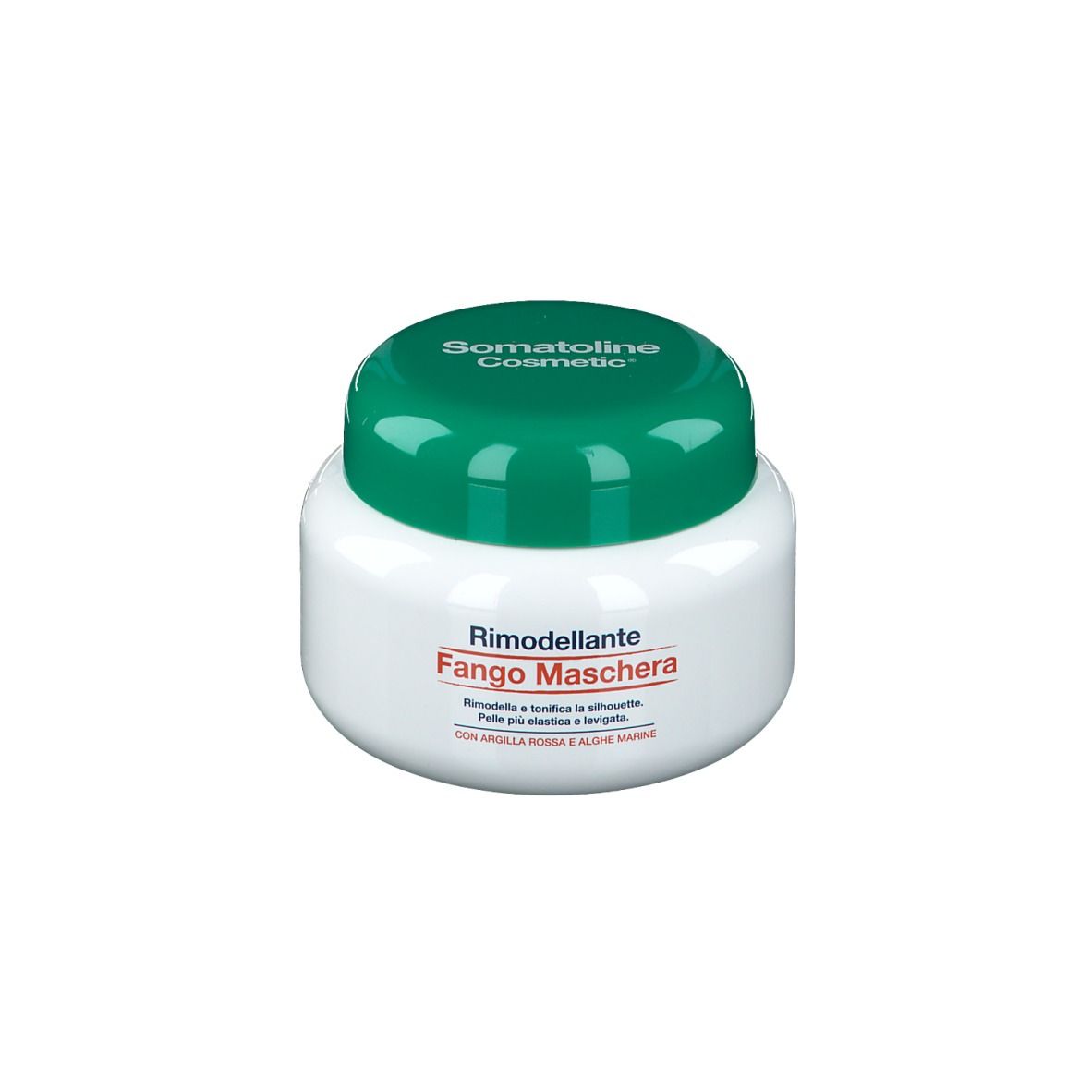 Vasetto bianco con coperchio verde. Scritta: Somatoline Cosmetic, Rimodellante Fango Maschera. Testo in basso.