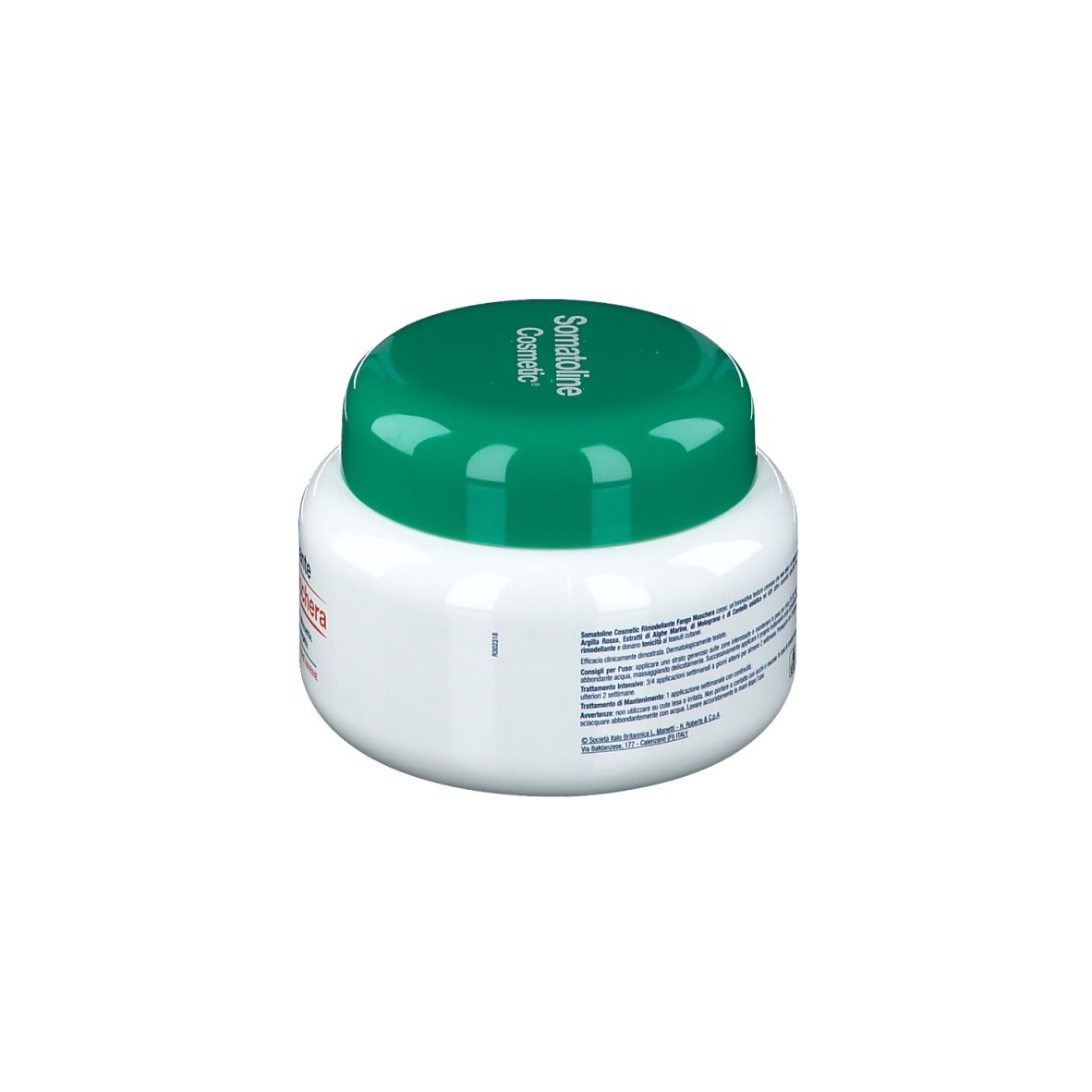 Vasetto bianco con coperchio verde. Scritta: Somatoline Cosmetic. Retro con testo.