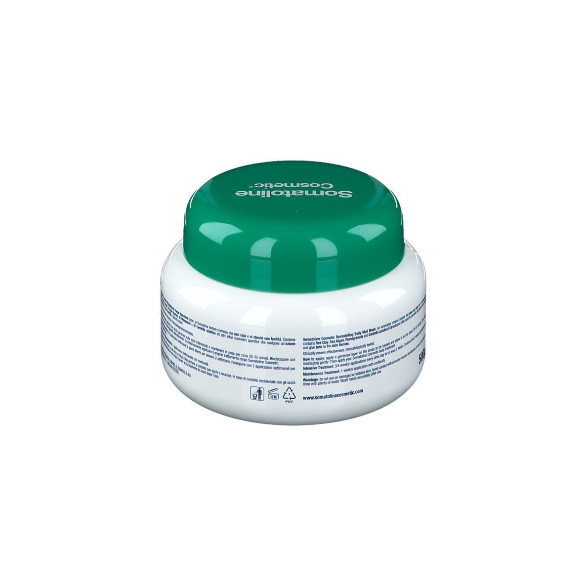 Vasetto bianco con coperchio verde. Scritta: Somatoline Cosmetic. Retro con testo.