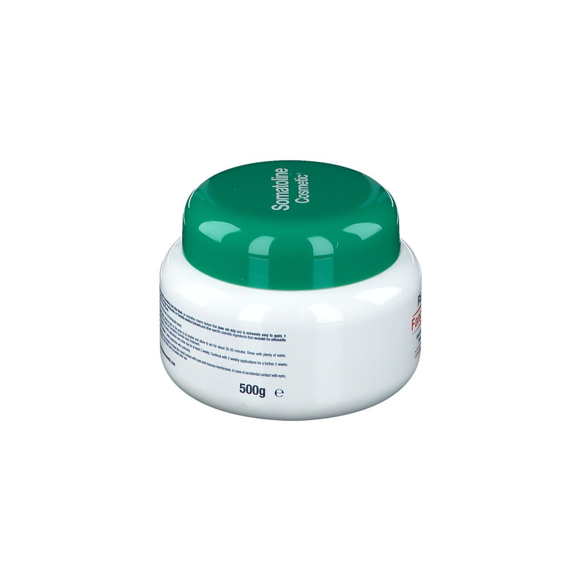 Vasetto bianco con coperchio verde. Scritta: Somatoline Cosmetic. Retro con testo e 500g.